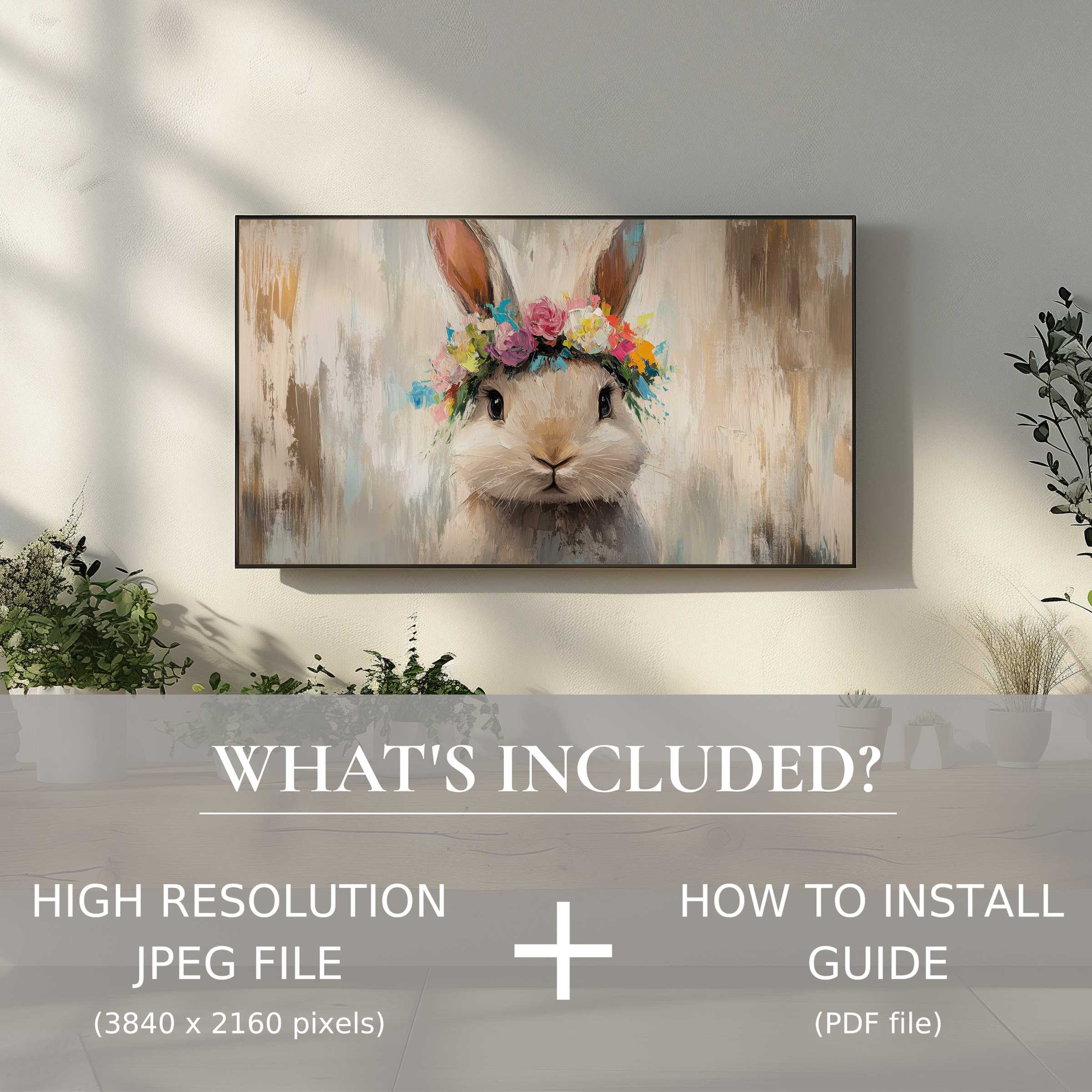 Elegant living room enhanced by easter digital TV art download, easy to use, featuring charming bunny floral artwork