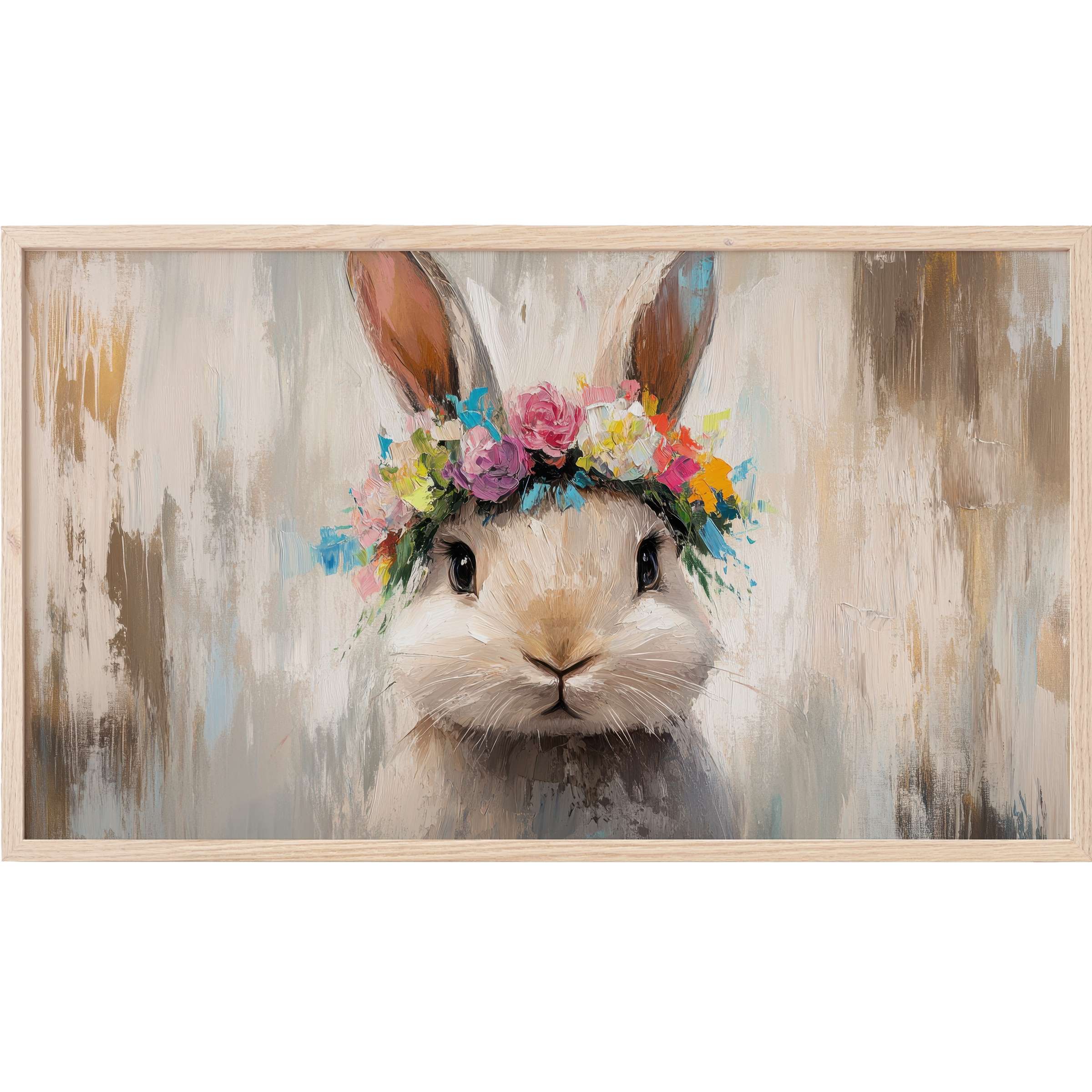 Elegant easter Frame TV Art of a soft neutral-toned bunny with a vibrant floral crown in textured brushstrokes