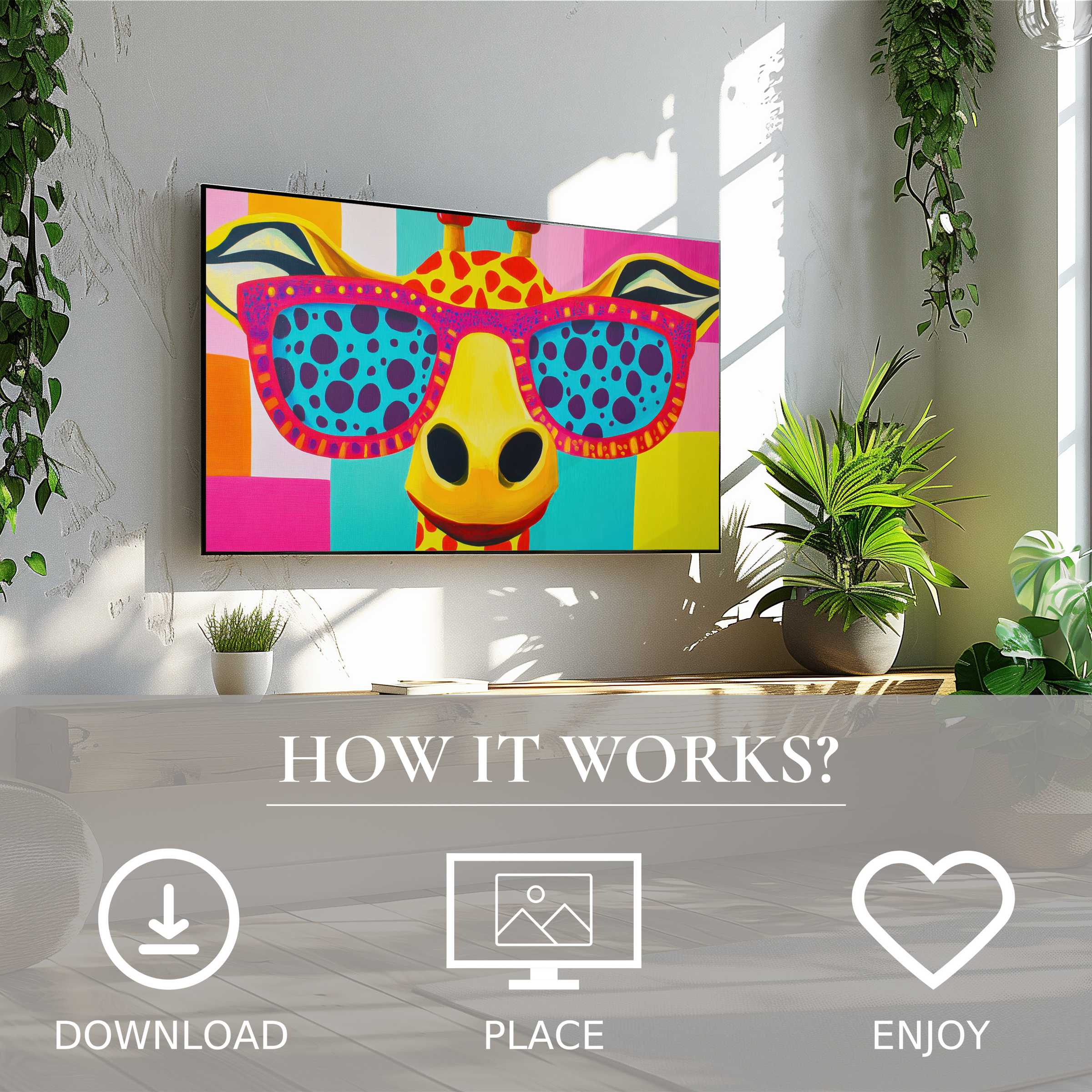 Pop art art for Samsung TV: vibrant giraffe with colorful glasses, easy digital download enriches modern living spaces