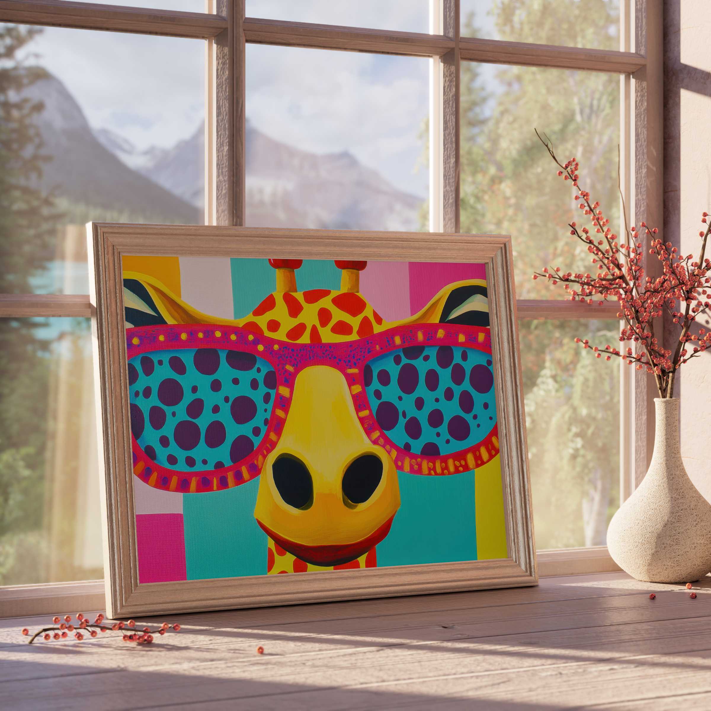 Vibrant pop art downloadable art featuring a playful giraffe in bold sunglasses, elevating curated, design-forward interiors with joyful color and charm