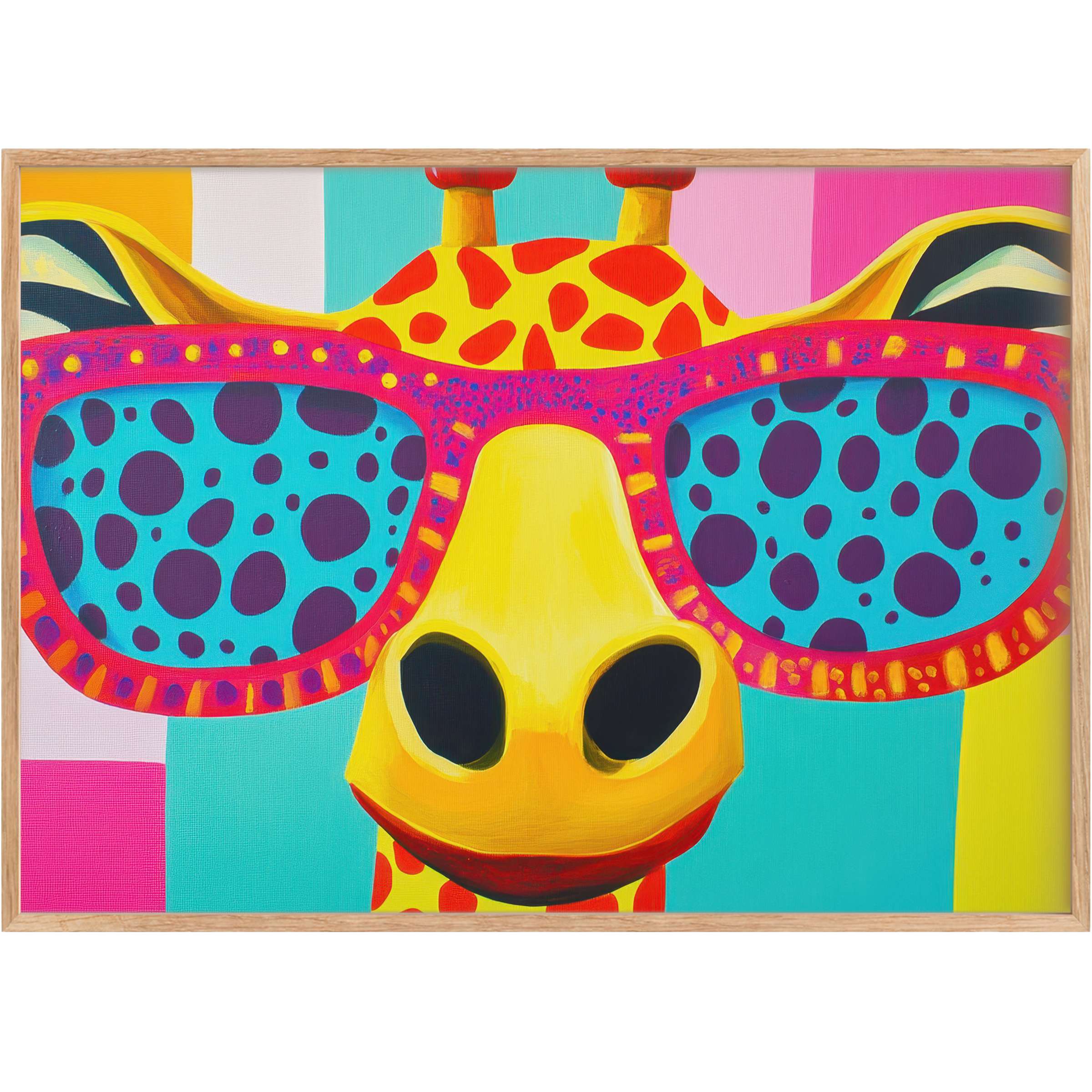 Vibrant pop art printable wall art featuring a playful giraffe with bold aqua and fuchsia sunglasses, infusing any space with joyful energy and chic whimsy