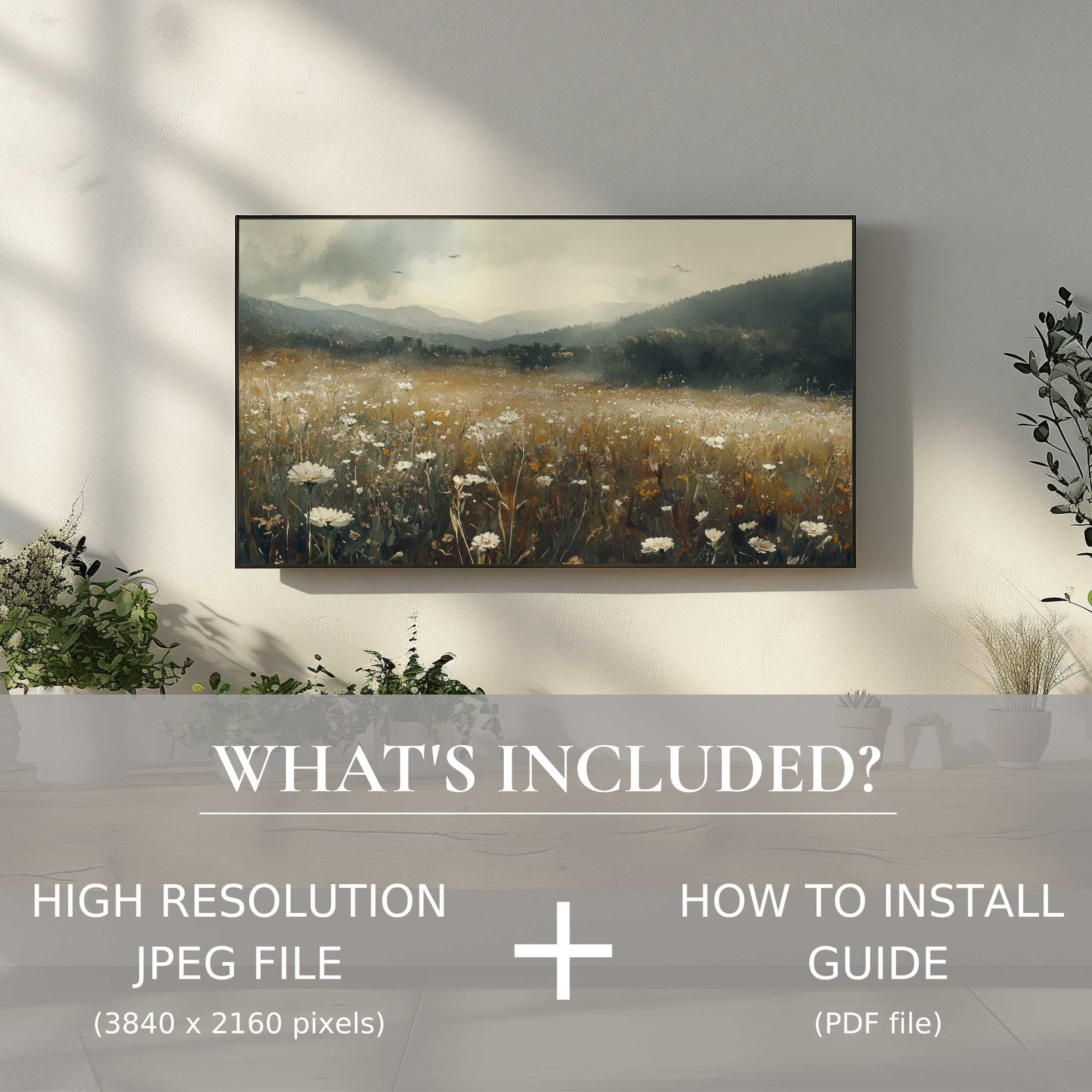 Elegant botanical digital TV art download enhances serene living spaces with easy, high-res JPEG and install guide