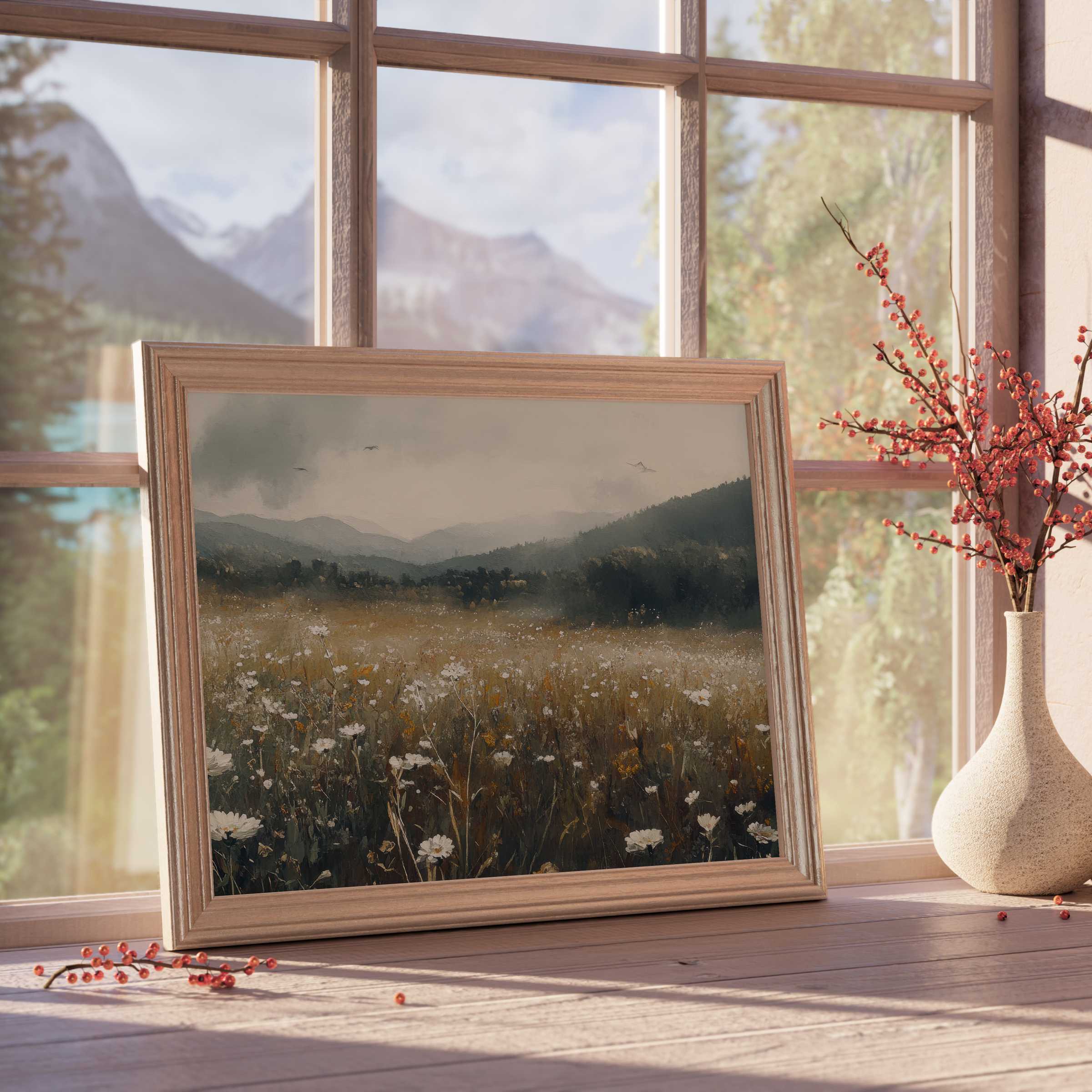 Botanical downloadable art capturing a serene wildflower meadow with soft light, perfect for elegant, tranquil interior decor
