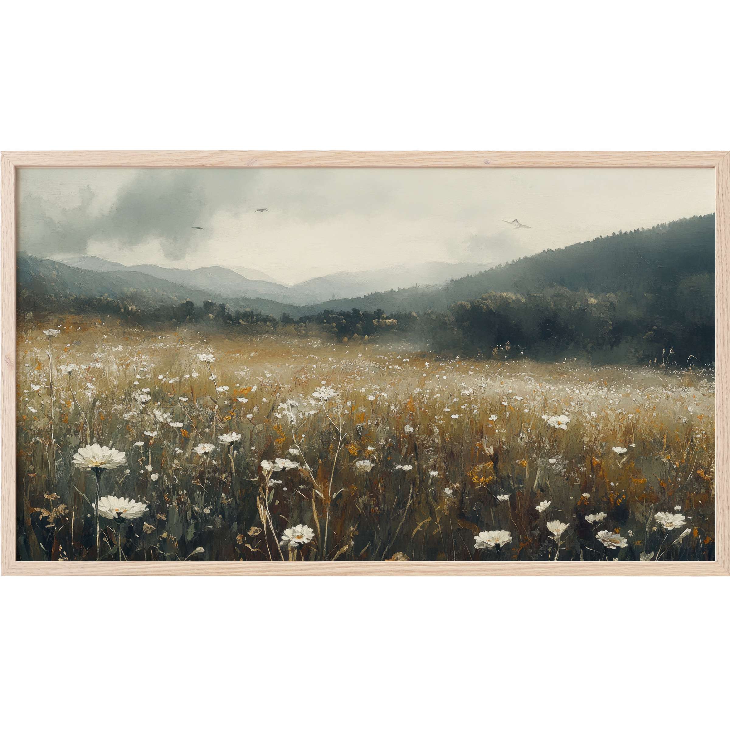 Botanical Frame TV Art showing a misty meadow with white flowers, soft earth tones, and a moody, modern style