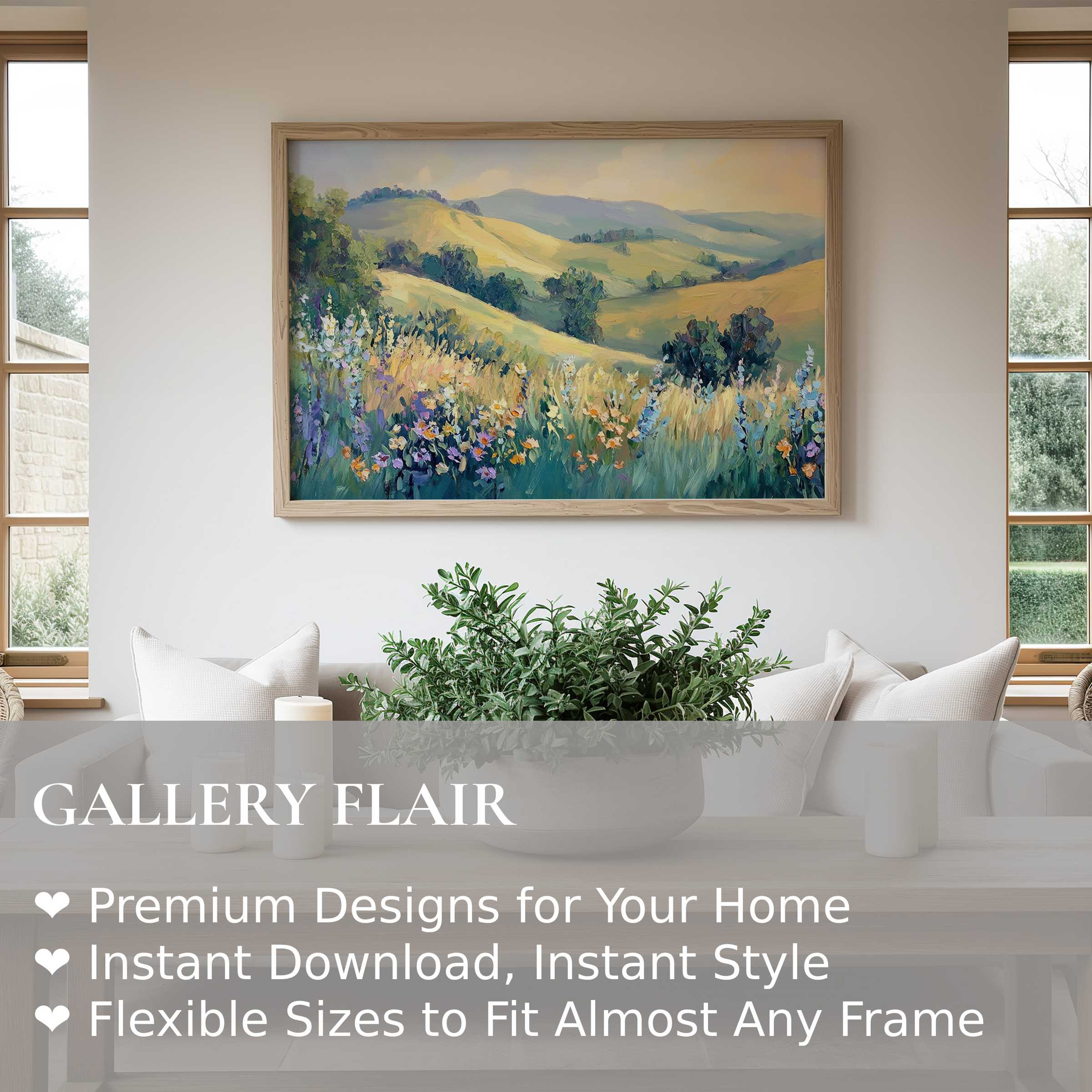 Landscape wall art print with luminous wildflower meadows and rolling hills, exuding calm, radiant beauty in a modern, serene living room