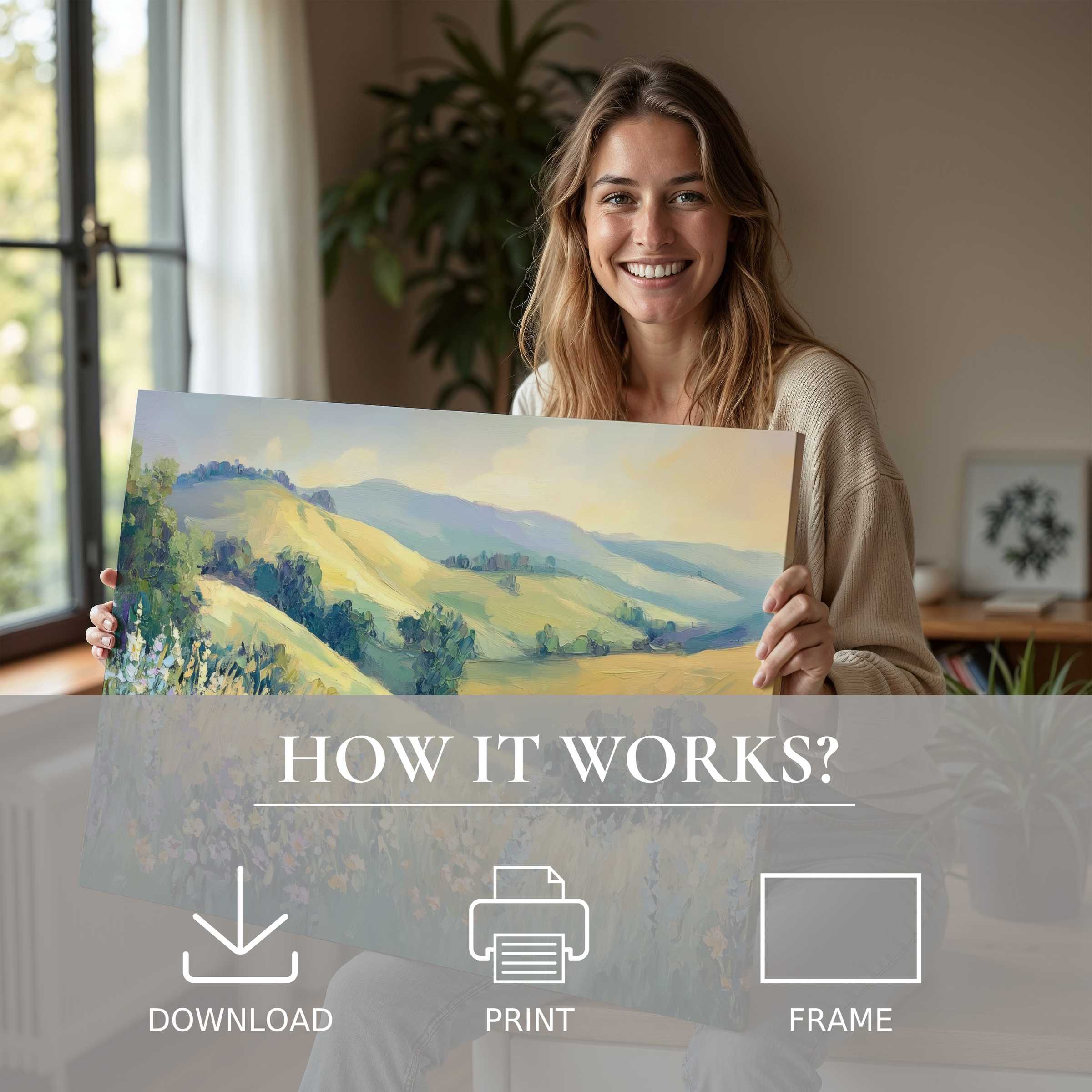 Radiant connection with landscape digital art print, blending serene hills and soft light, elevating modern interiors with effortless grace