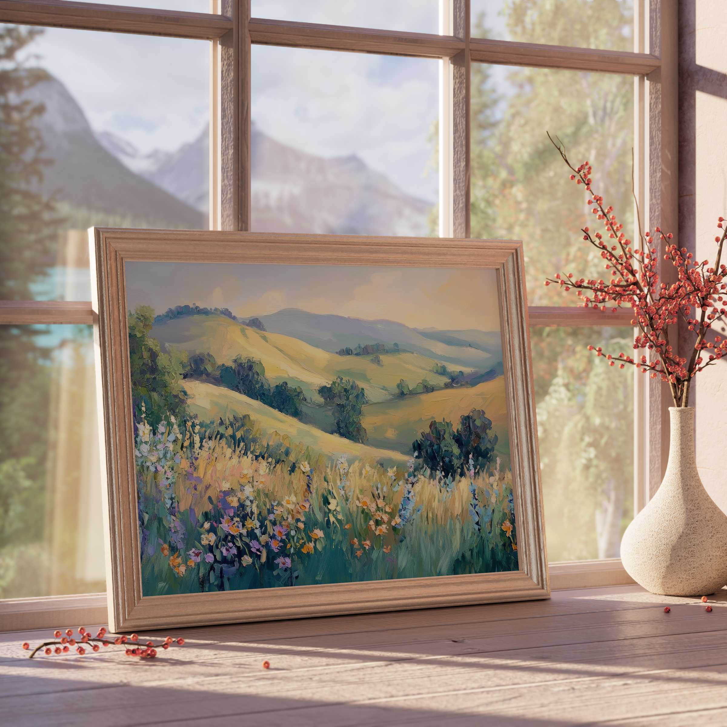 Tranquil landscape downloadable art featuring sunlit rolling hills and wildflowers, perfect for elevating serene, curated interiors