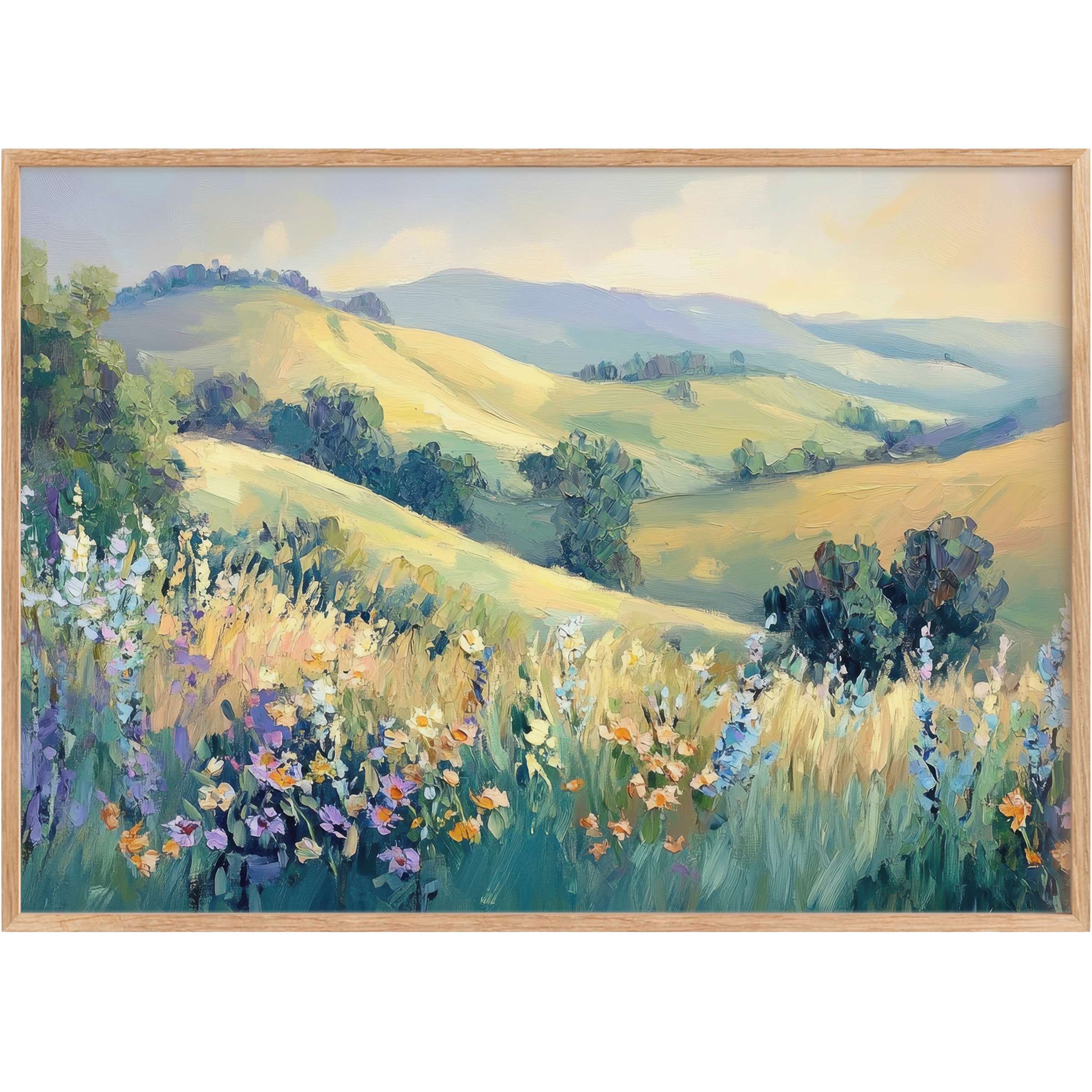 Sunlit hillside landscape printable wall art with soft greens and golden blooms, evoking a serene, uplifting ambiance
