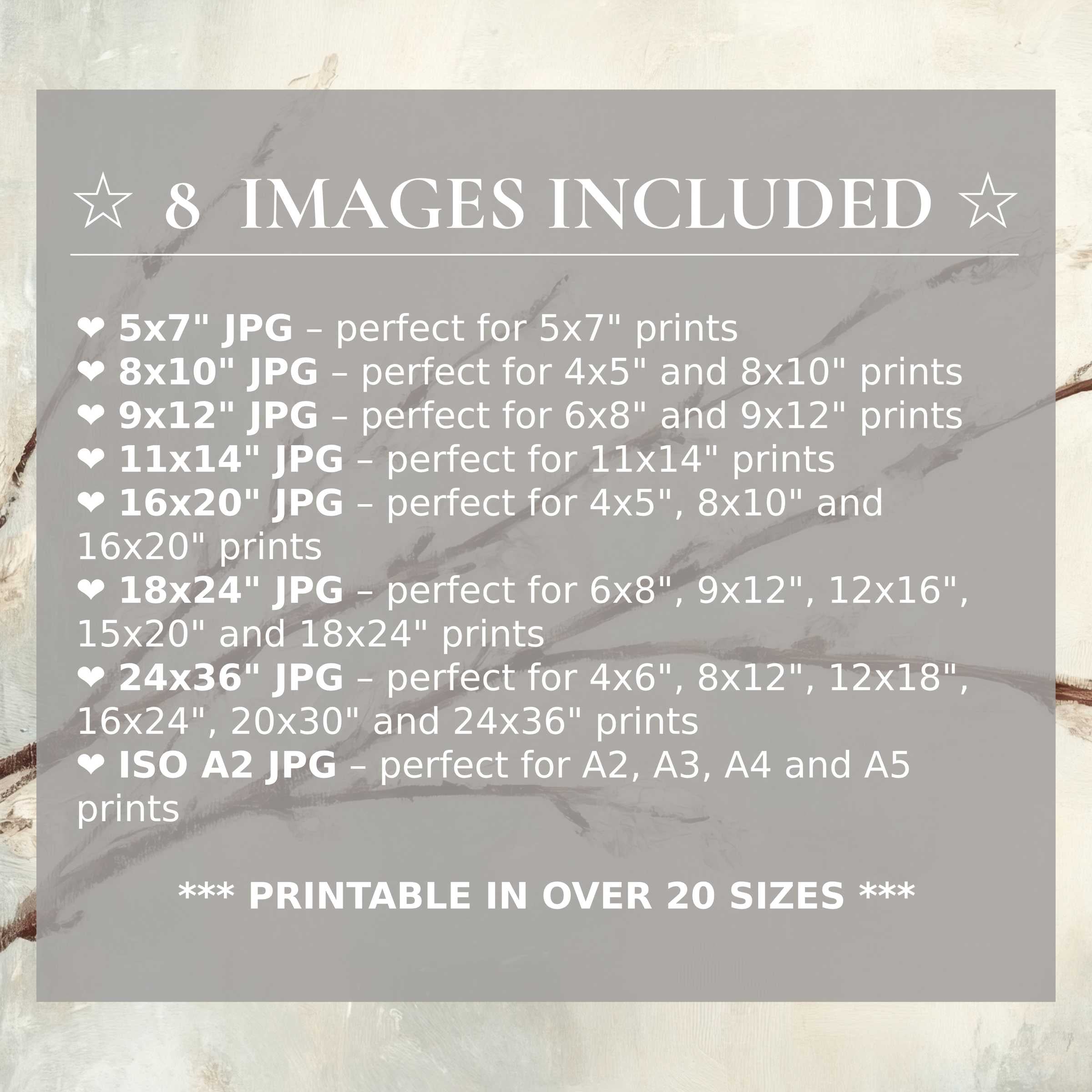 Print size guide showing 8 included JPG formats for versatile wall art printing – perfect for framing in popular sizes from 5x7 to 24x36 and A2