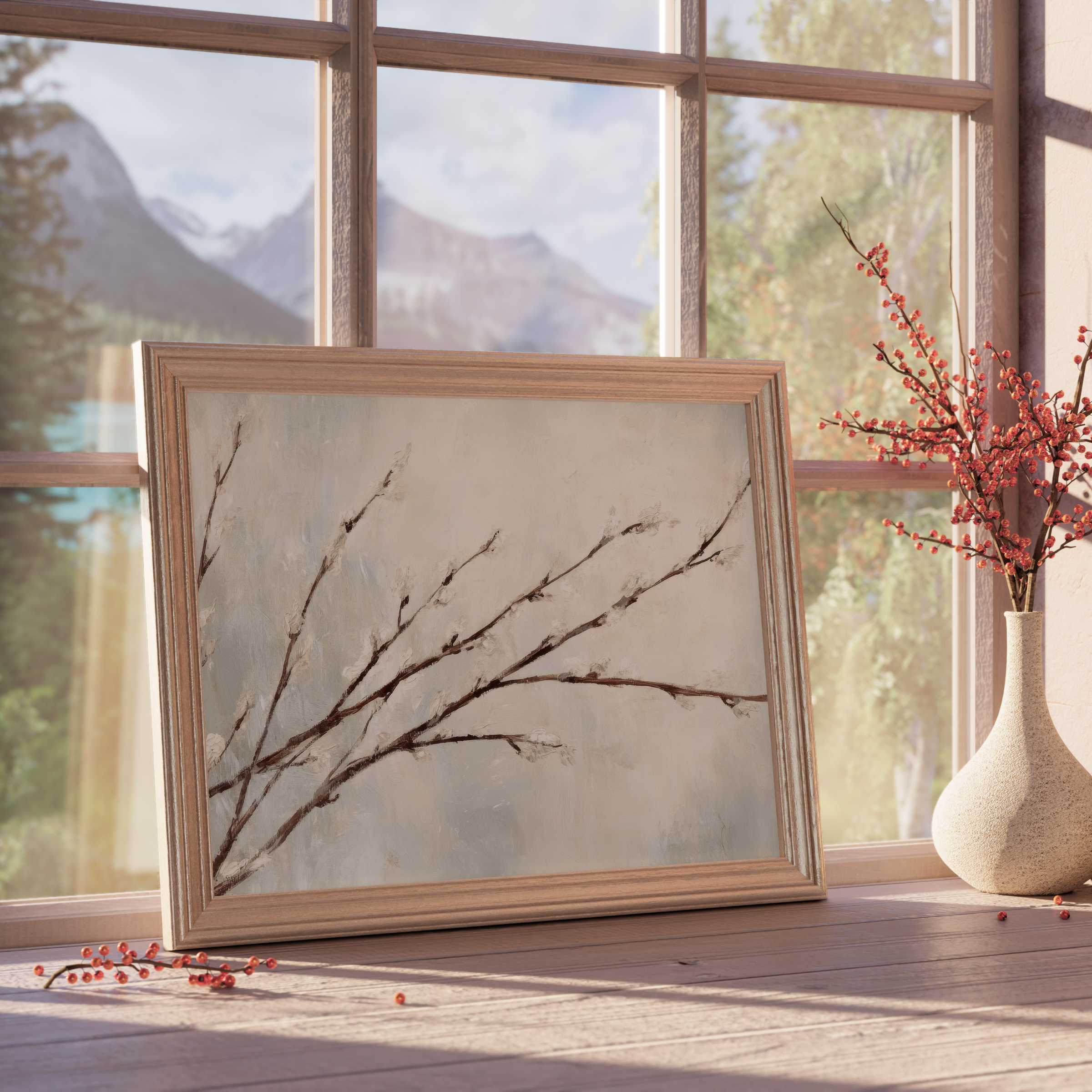 Elegant tree downloadable art featuring delicate branches with soft blossoms, enhancing serene, curated interiors with warm, natural charm