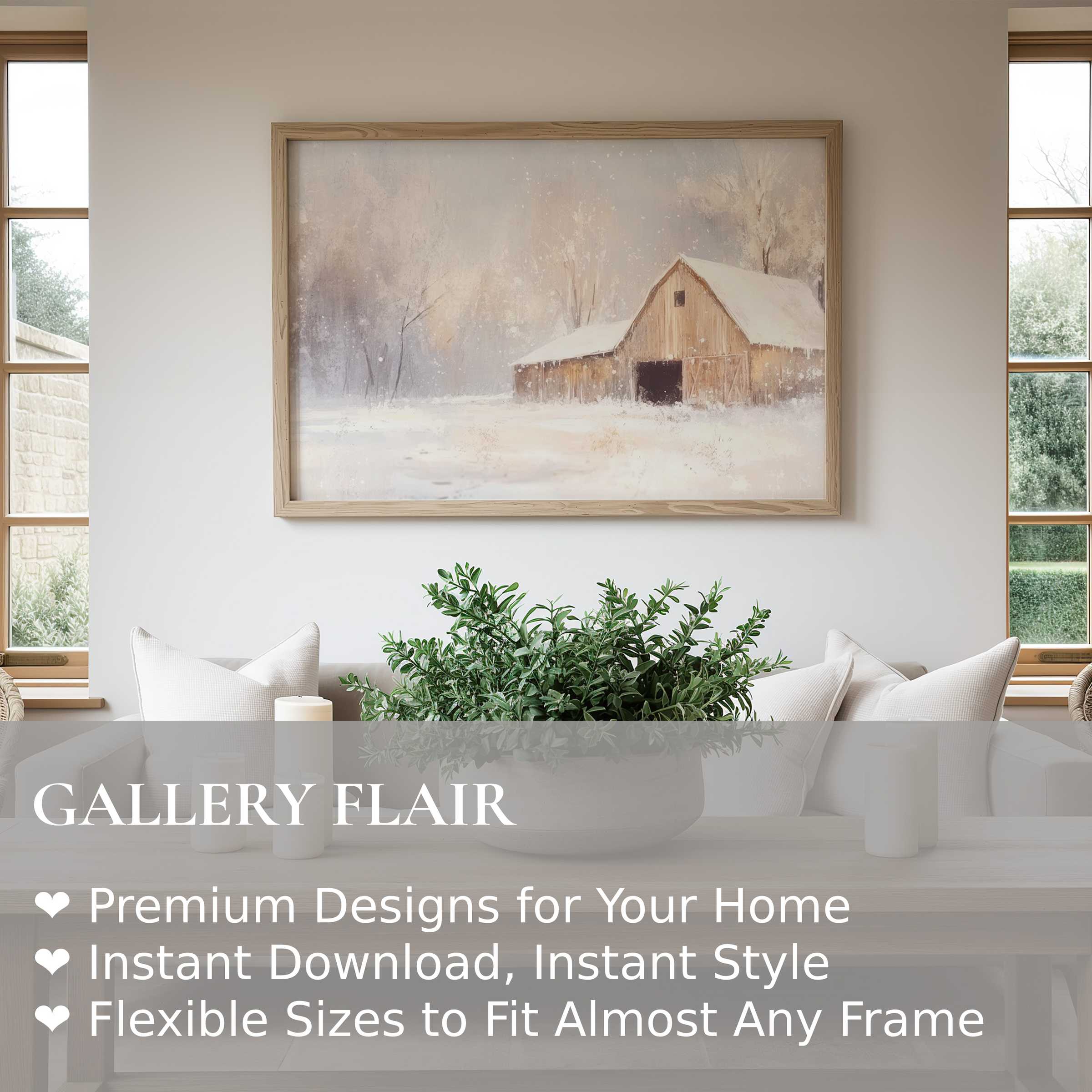 Farmhouse wall art print featuring a serene snowy barn scene, enhancing cozy modern farmhouse interiors with soft, calming charm