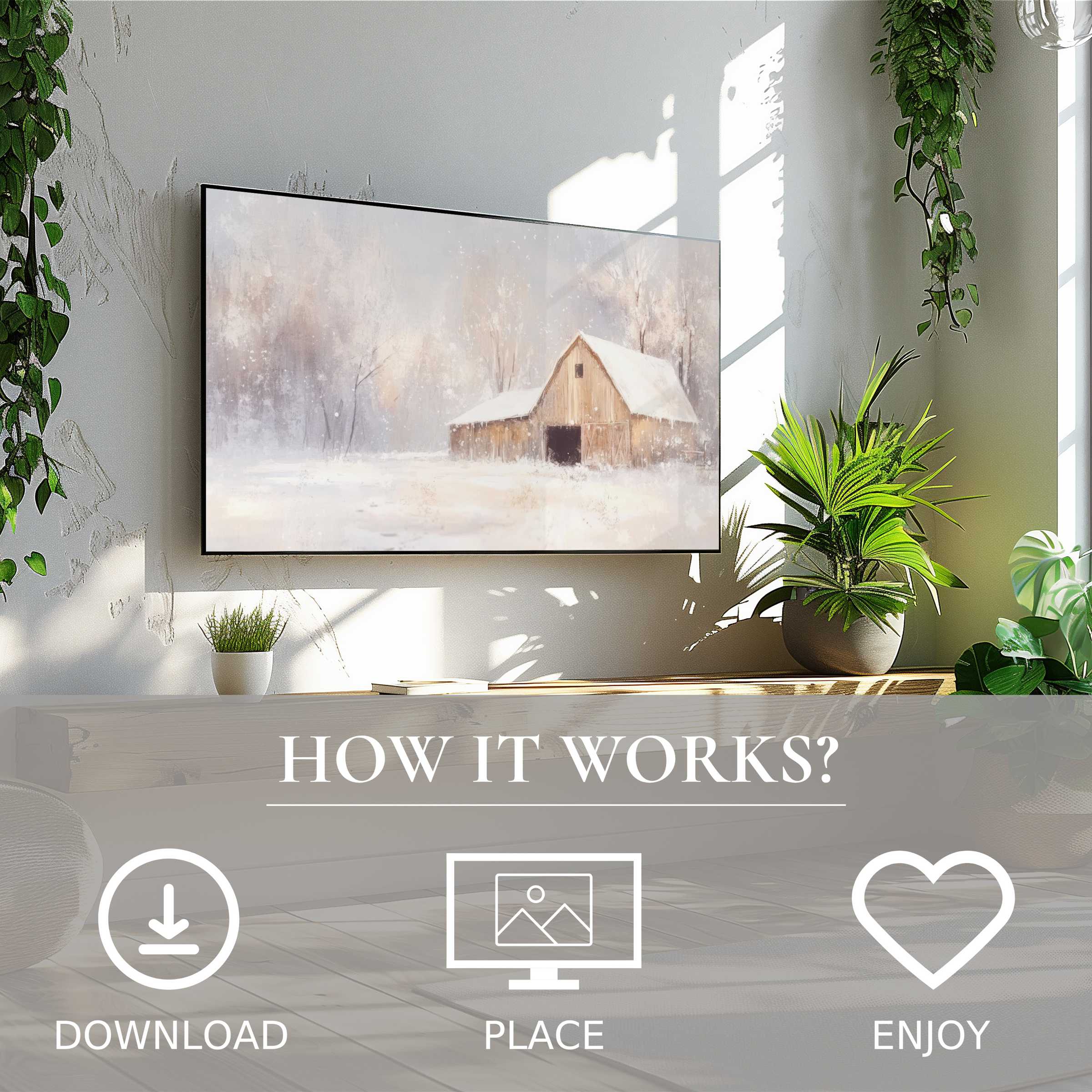 Farmhouse art for Samsung TV in bright living space with easy digital download; soft winter tones enrich modern decor