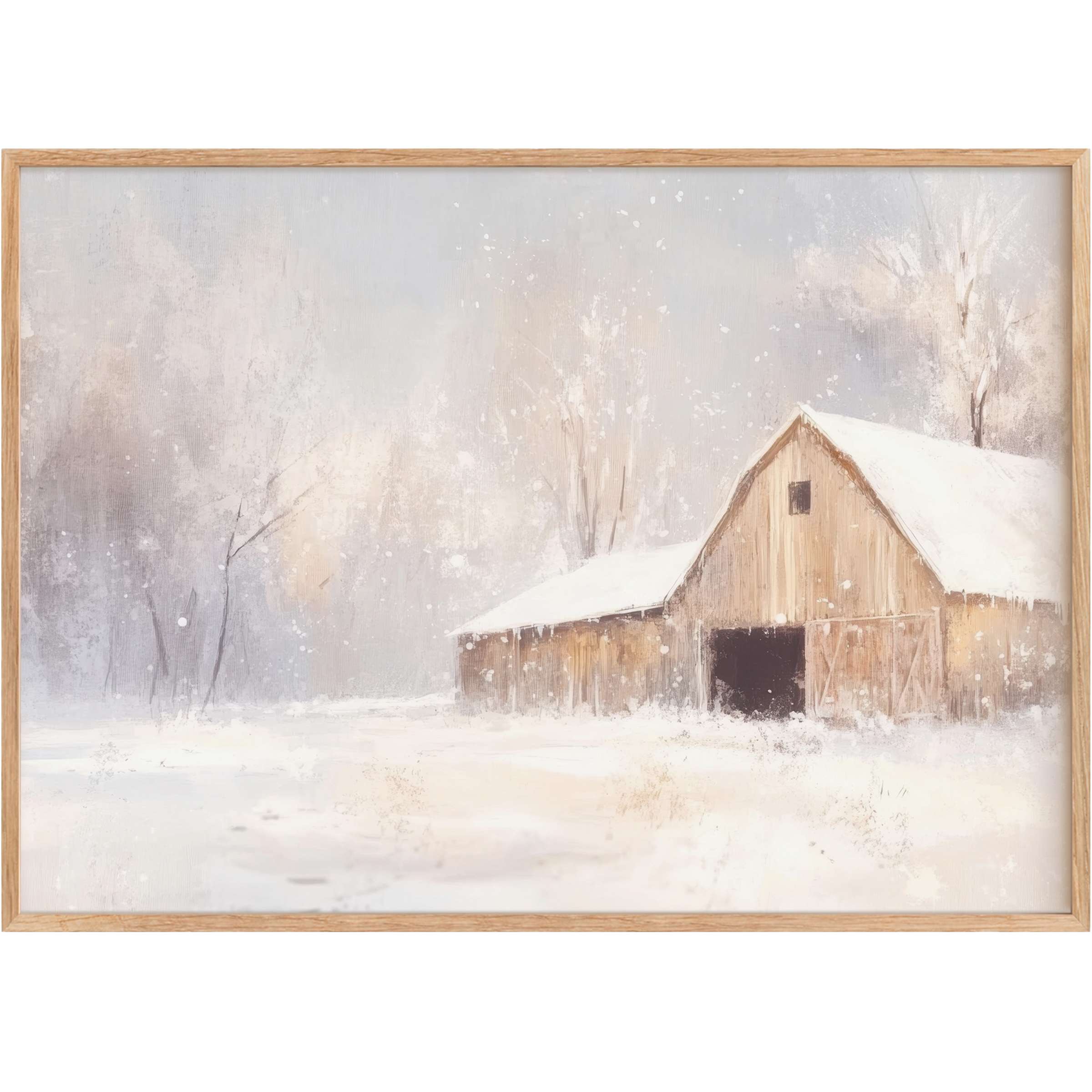 Softly muted grays and warm wood tones create a calming farmhouse printable wall art, evoking serene winter tranquility