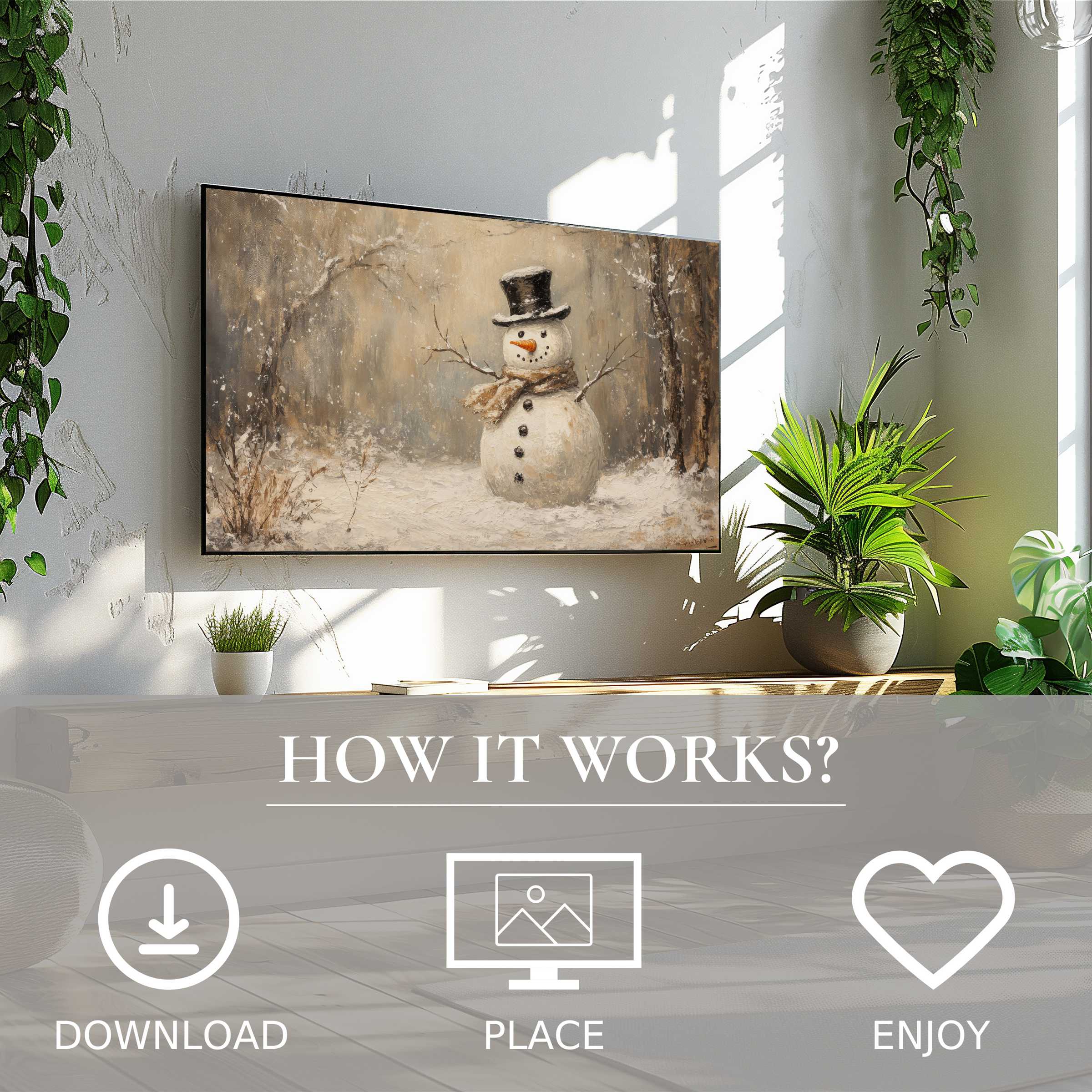 Cozy living room with easy digital download Christmas art for Samsung TV showing warm snowy snowman scene