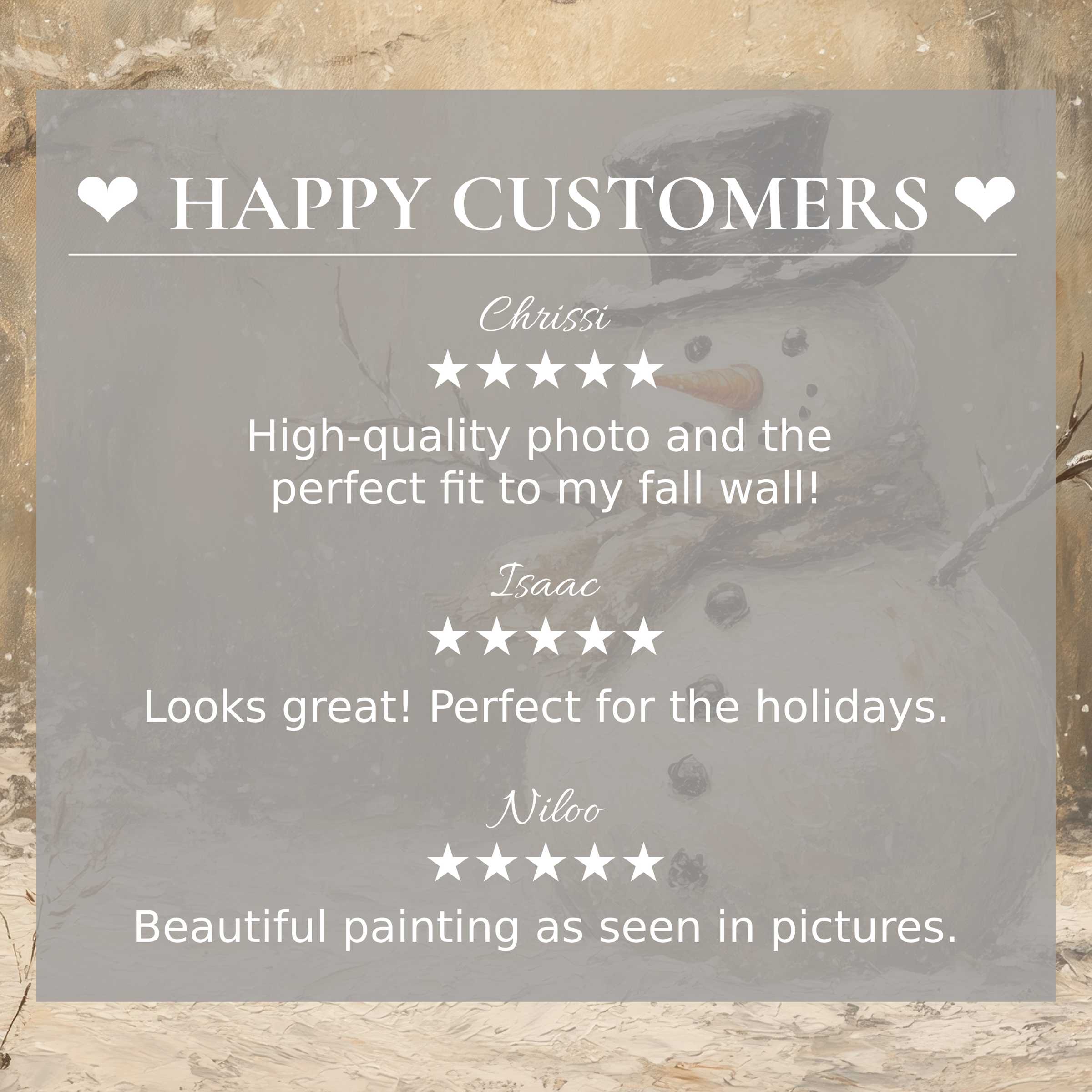 christmas art for Frame TV with elegant snowman painting and happy customer reviews building trust and style appeal