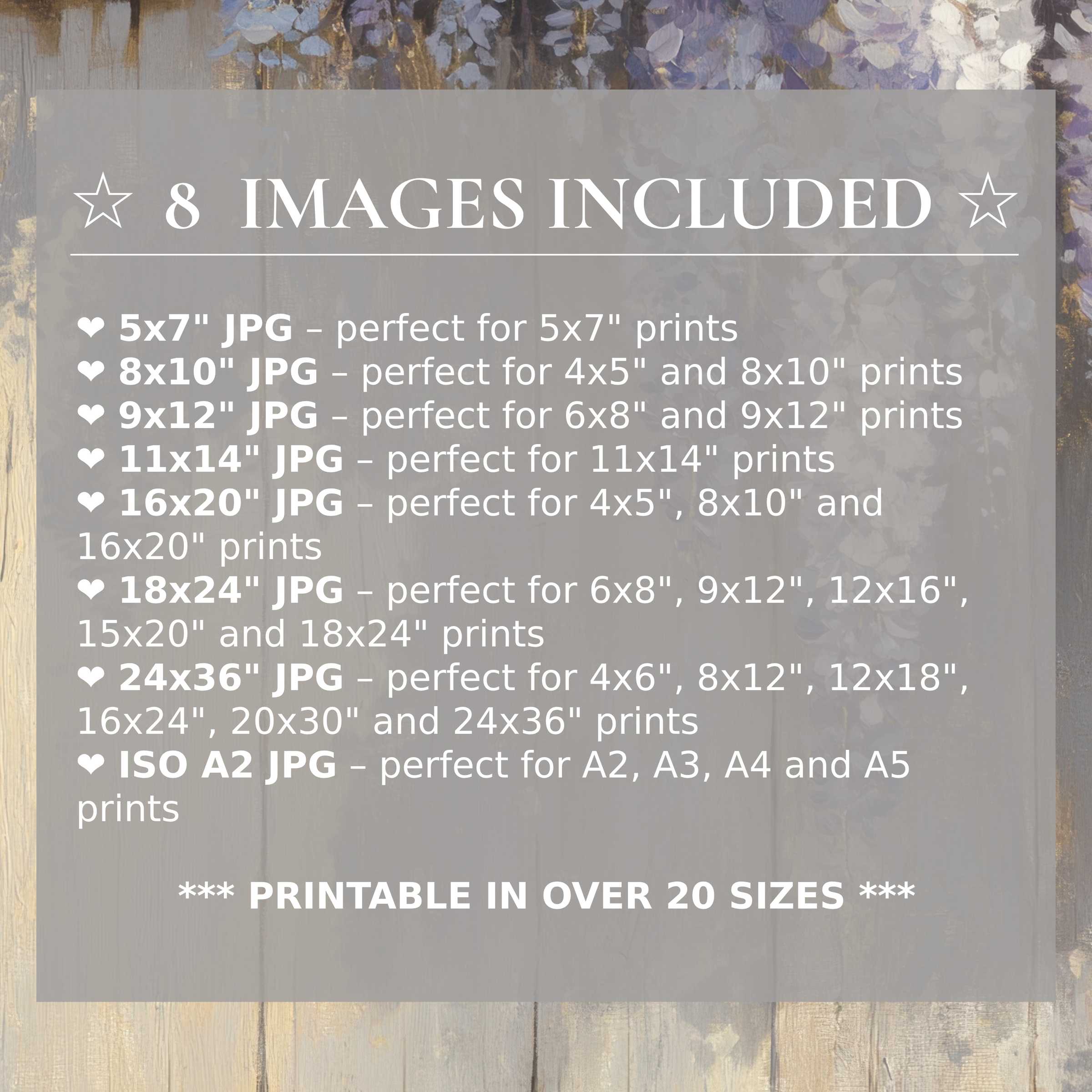 Spring digital print radiates calming lavender and soft gold hues, elevating modern interiors with timeless style; includes 8 high-quality sizes
