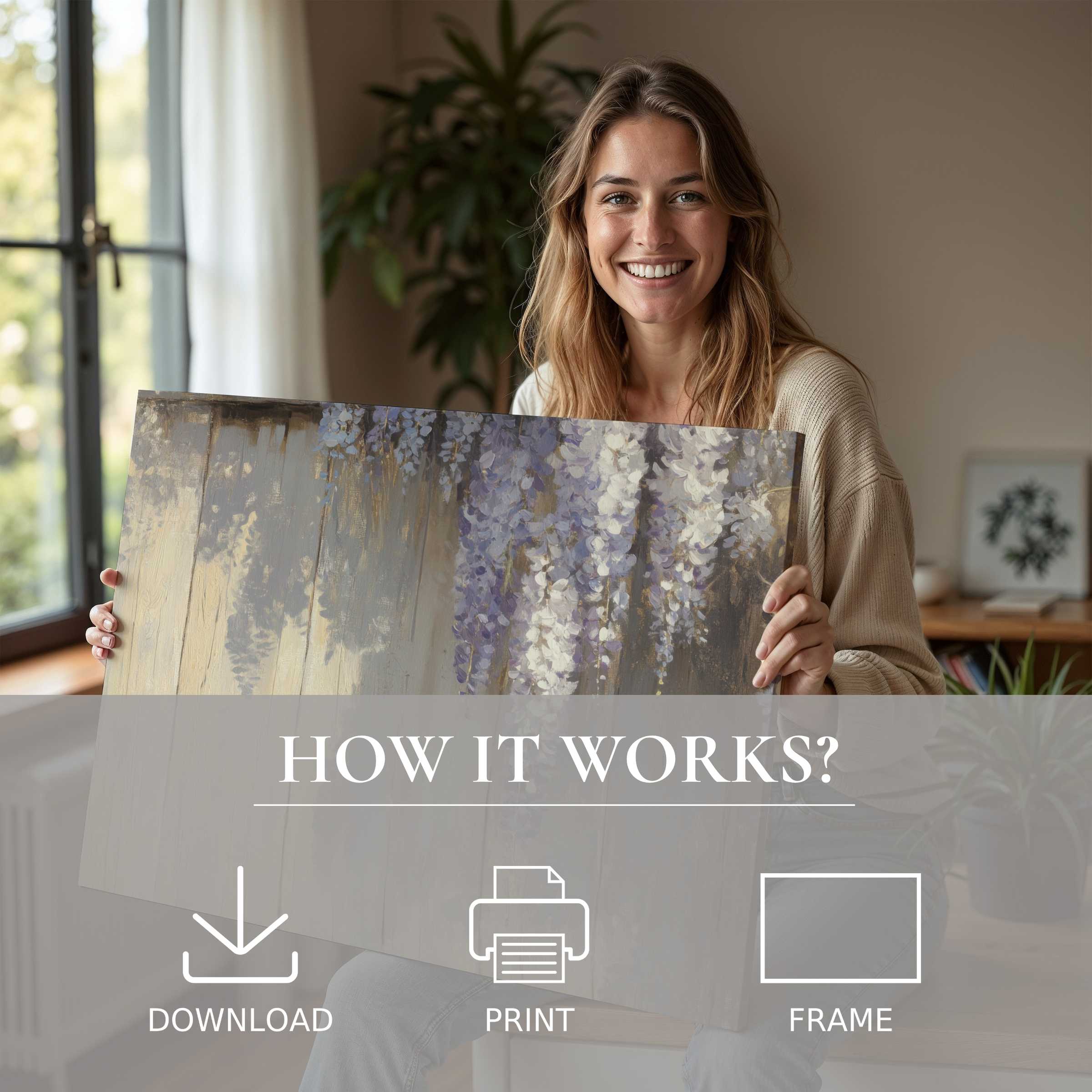 Serene joy in a modern home as spring digital art print's soft lavender blooms transform space with effortless elegance