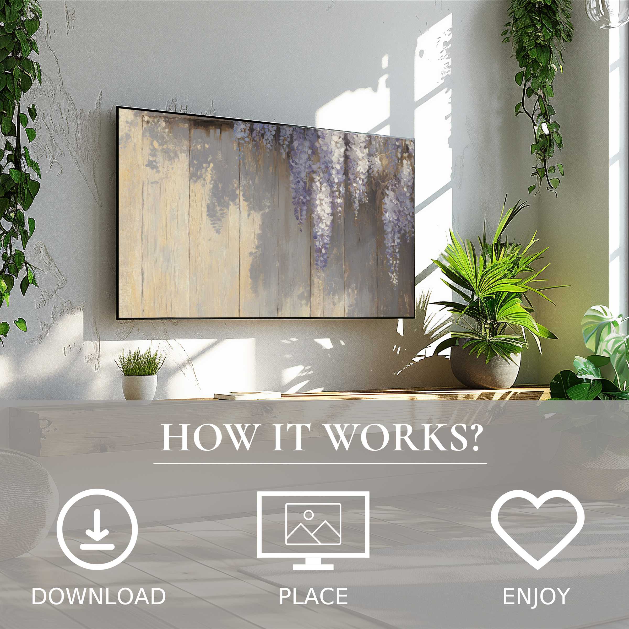 Spring art for Samsung TV shows soft wisteria blooms, easy digital download enhances modern living room vibe