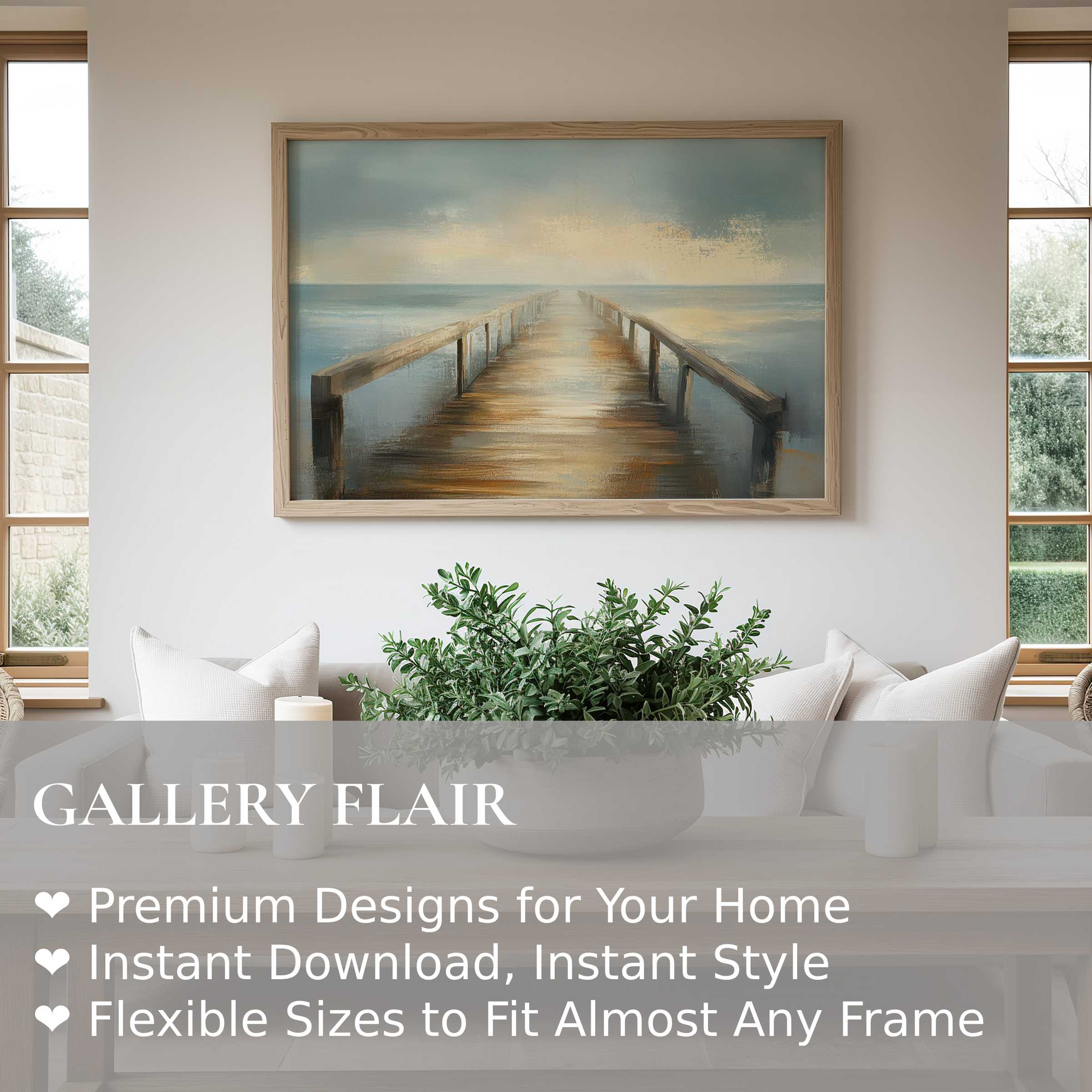 Calming beach wall art print of a misty pier at dawn, enhancing serene modern living rooms with coastal charm and soft natural hues