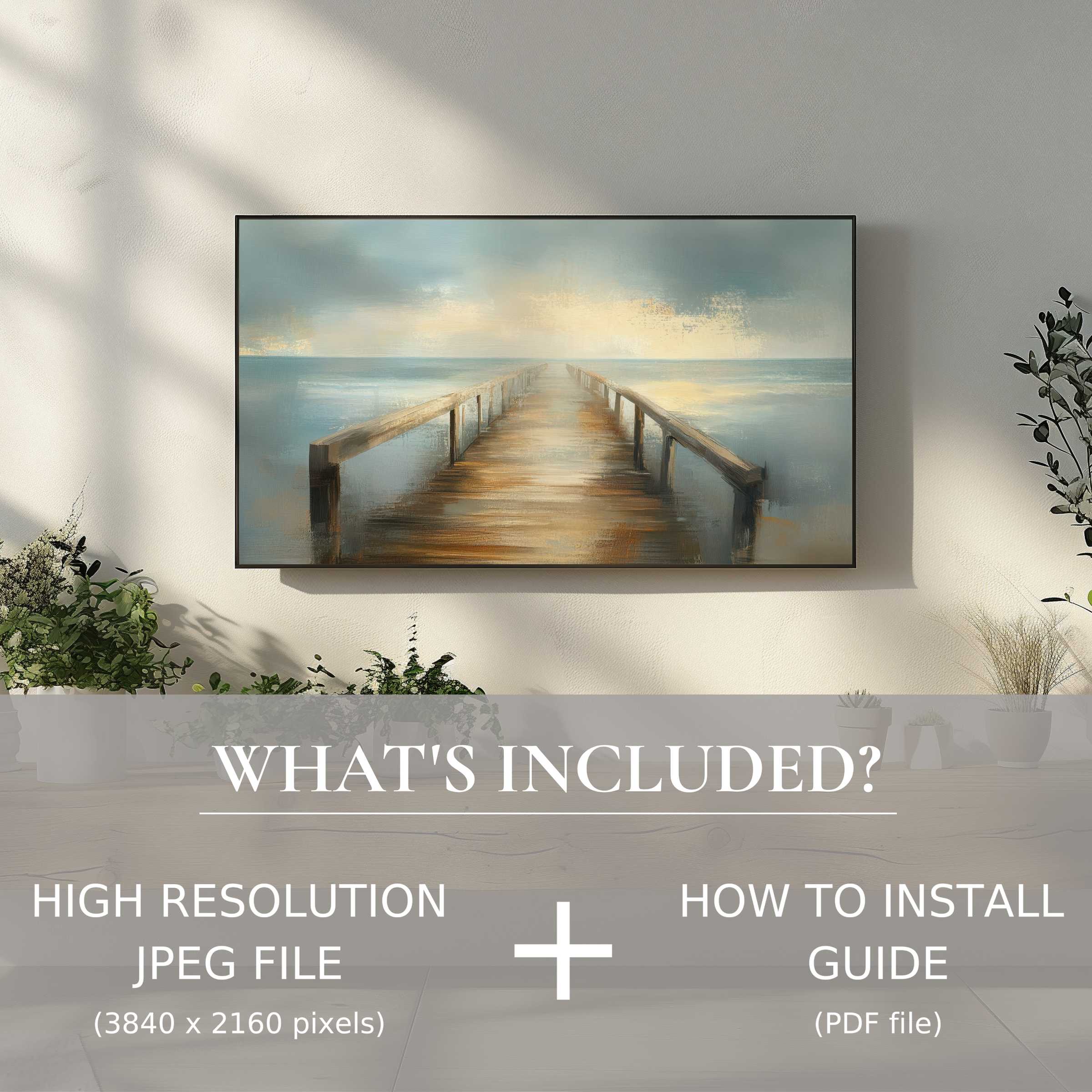 Elegant beach digital TV art download, easily enhances living spaces with high-res JPEG and install guide