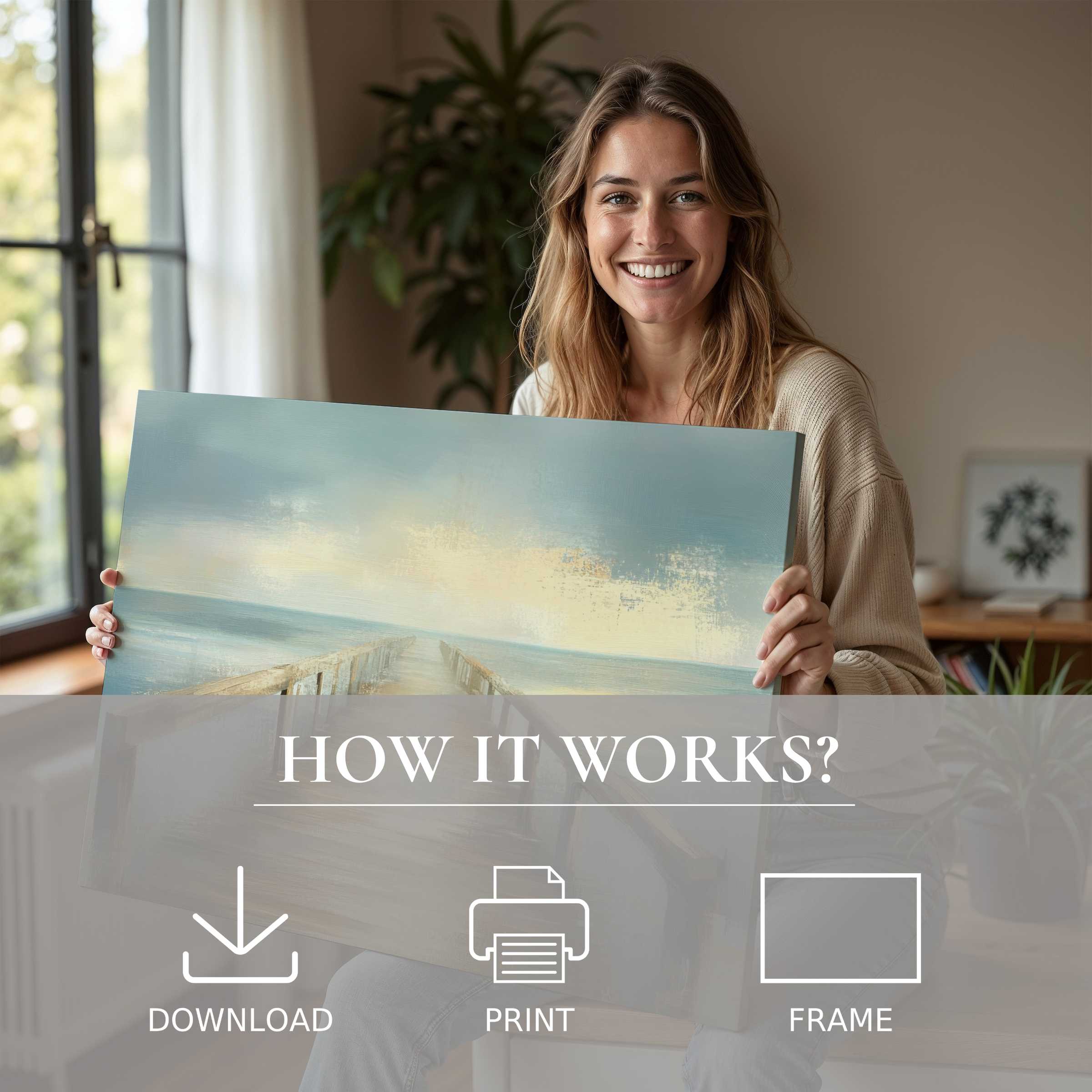 Radiant joy meets refined elegance as a beach digital art print transforms a serene modern interior, embodying effortless style