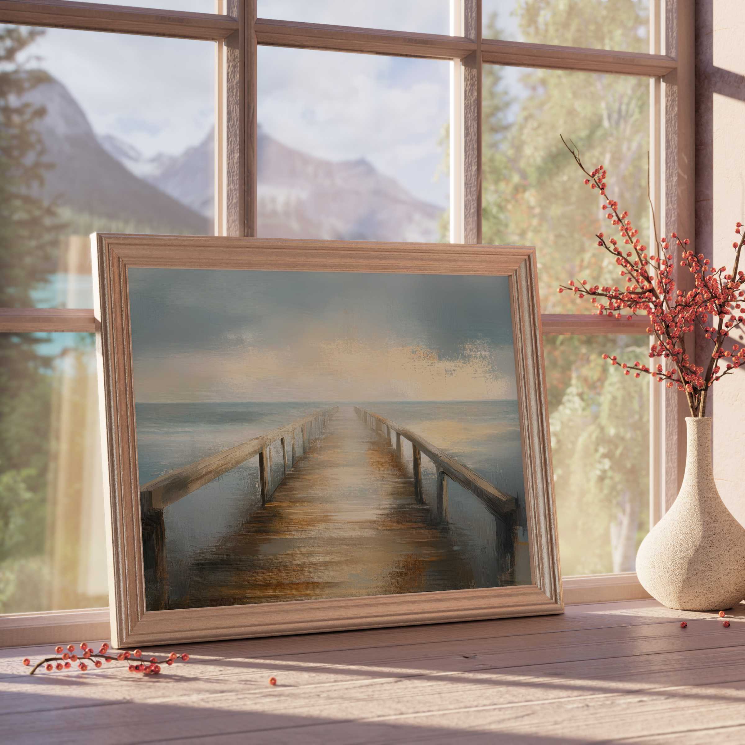 Tranquil beach downloadable art featuring a serene wooden pier fading into misty ocean hues, perfect for curated coastal interiors