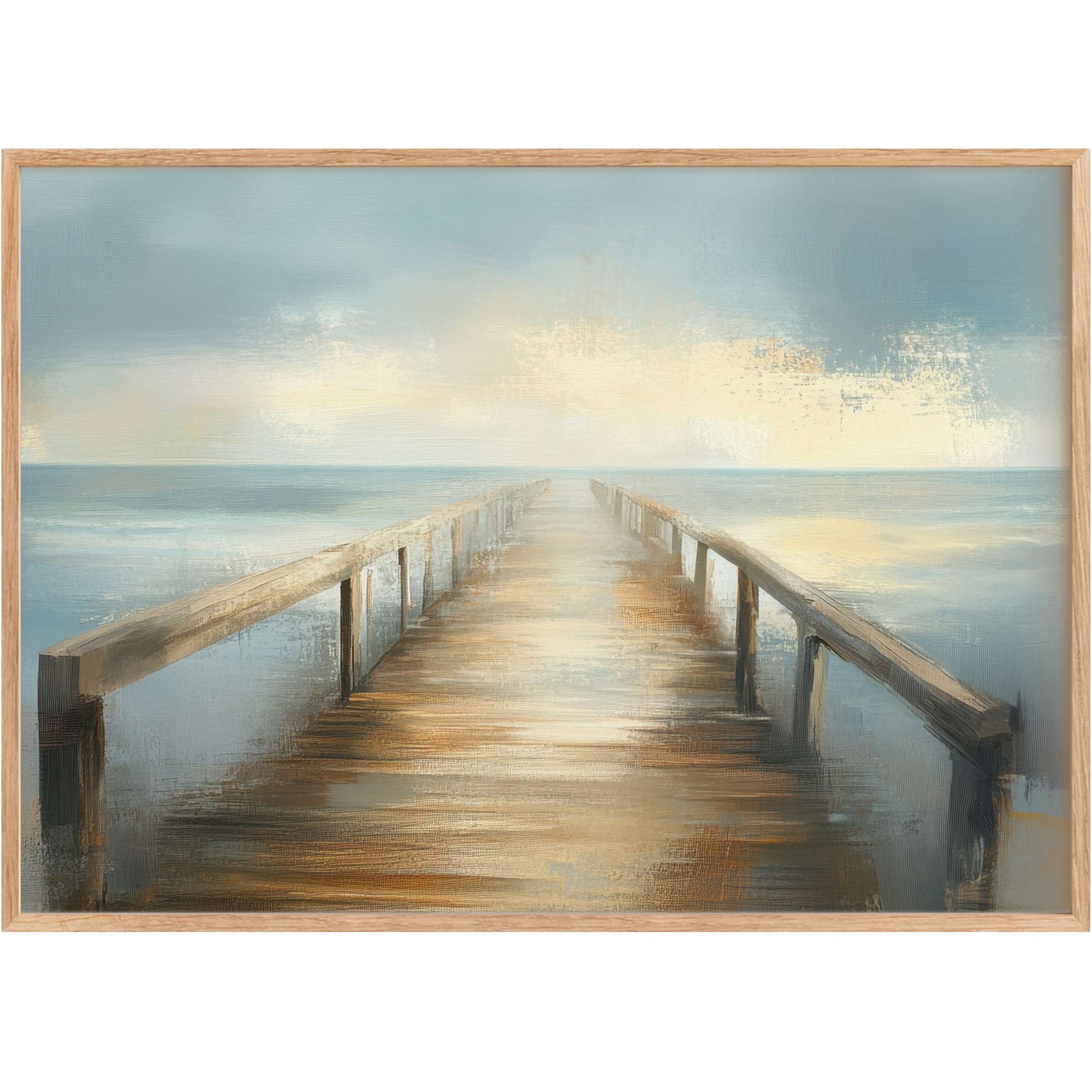 Serene beach printable wall art featuring a misty pier in soft blues and warm neutrals, evoking calm and timeless elegance