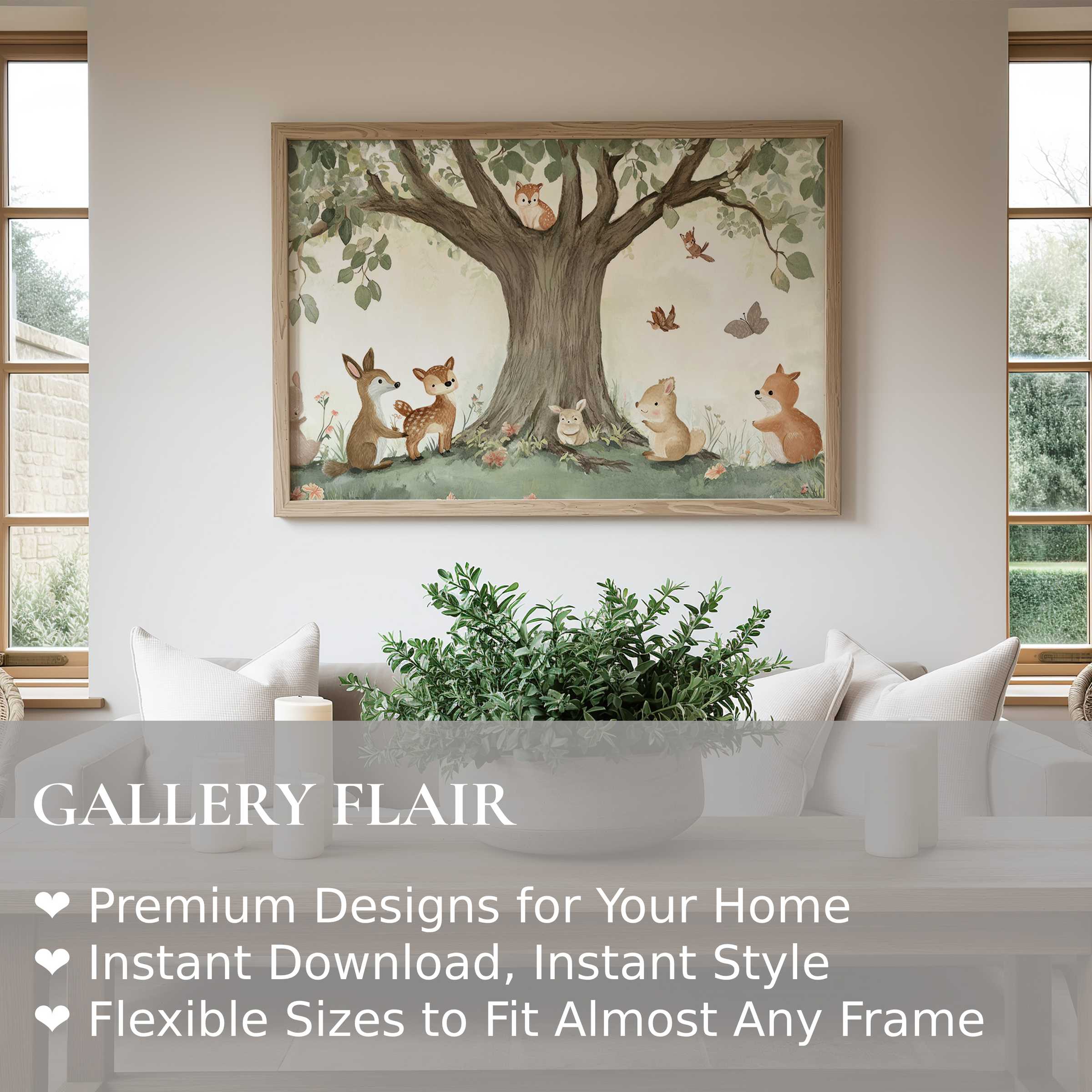 Whimsical nursery wall art print featuring serene woodland animals under a soft leafy tree, enriching modern cozy interiors