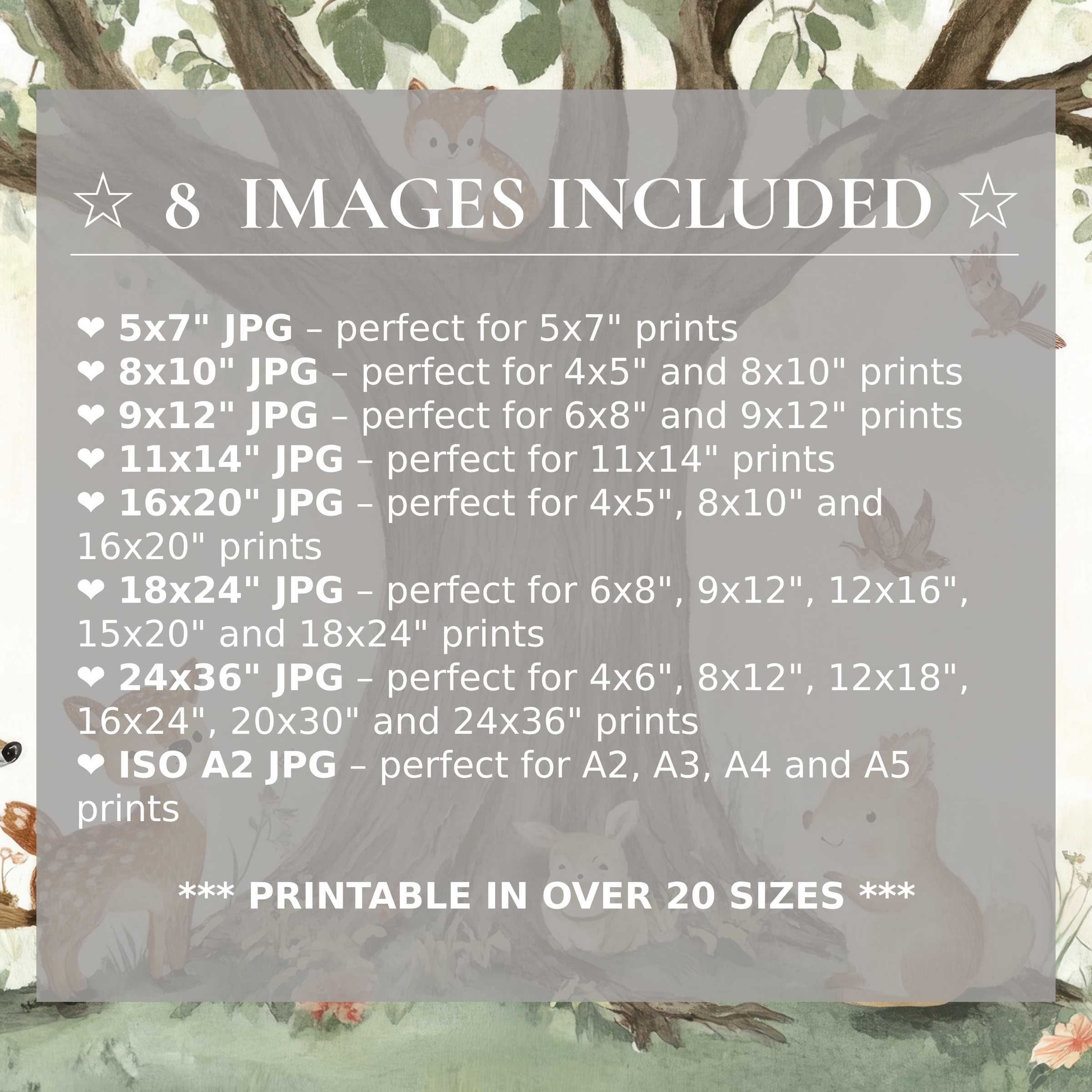 Nursery digital print in soft greens and warm browns evokes a calming woodland charm, offered in 8 high-quality sizes included for effortless styling in modern interiors
