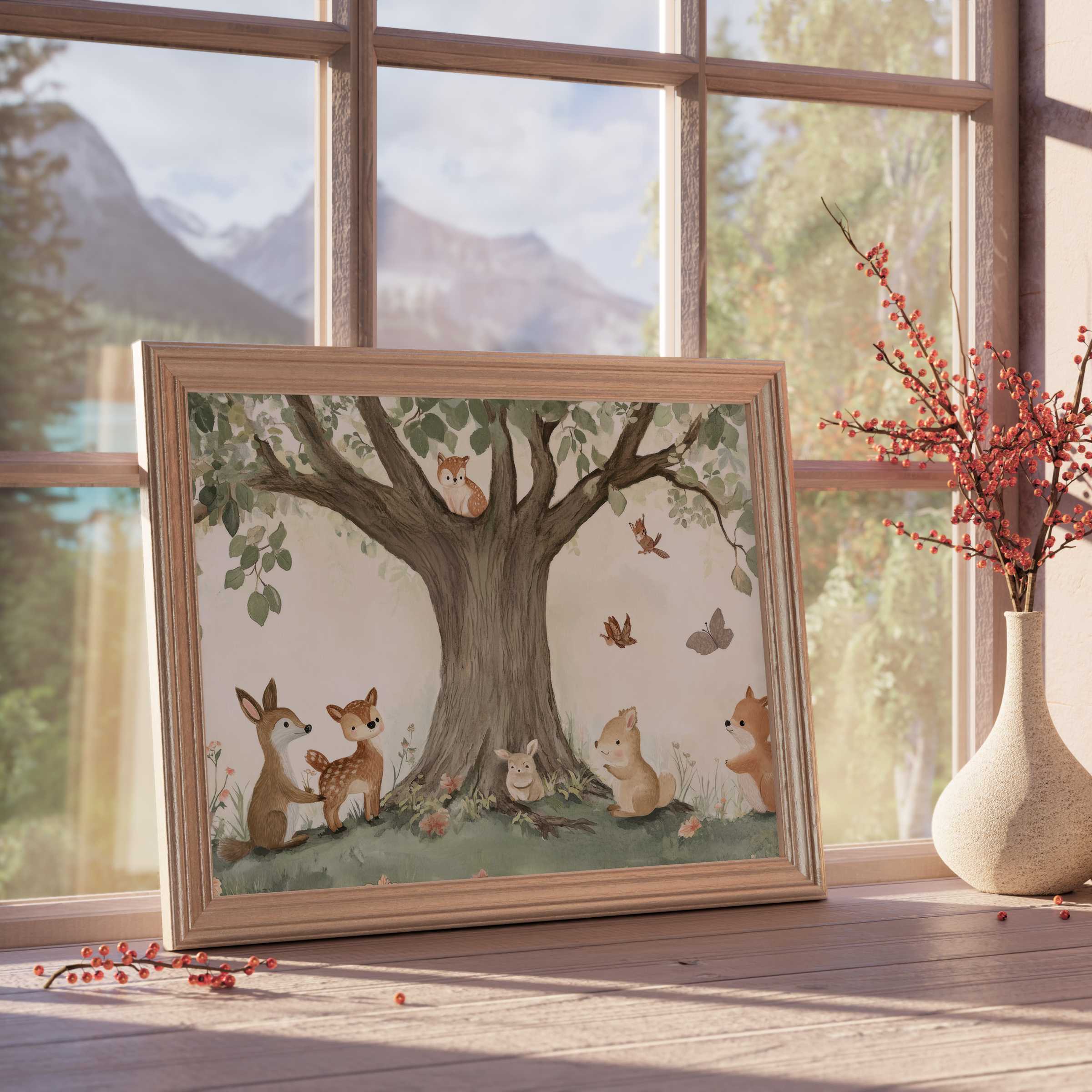 Nursery downloadable art showcasing serene woodland friends beneath a graceful tree, perfect for tranquil, stylish kids’ rooms