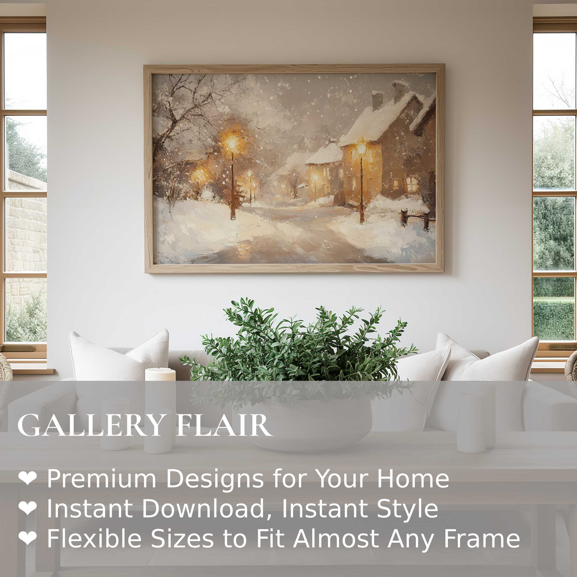 Winter wall art print featuring a radiant snowy village street at dusk, enhancing serene, modern minimalist interiors with warm ambiance