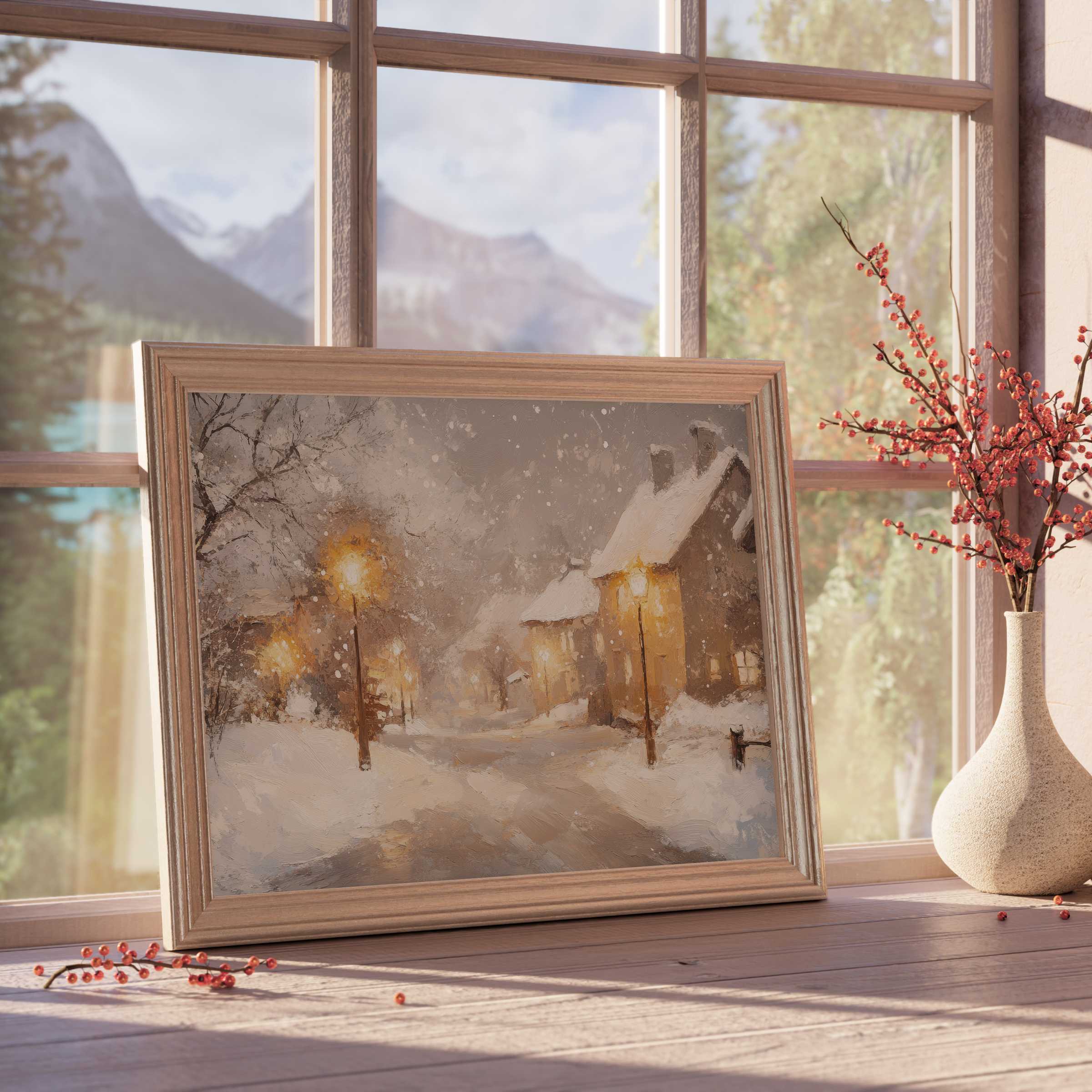 Winter downloadable art capturing a serene snow-kissed village glowing with warm streetlights, enriching elegant, tranquil interiors