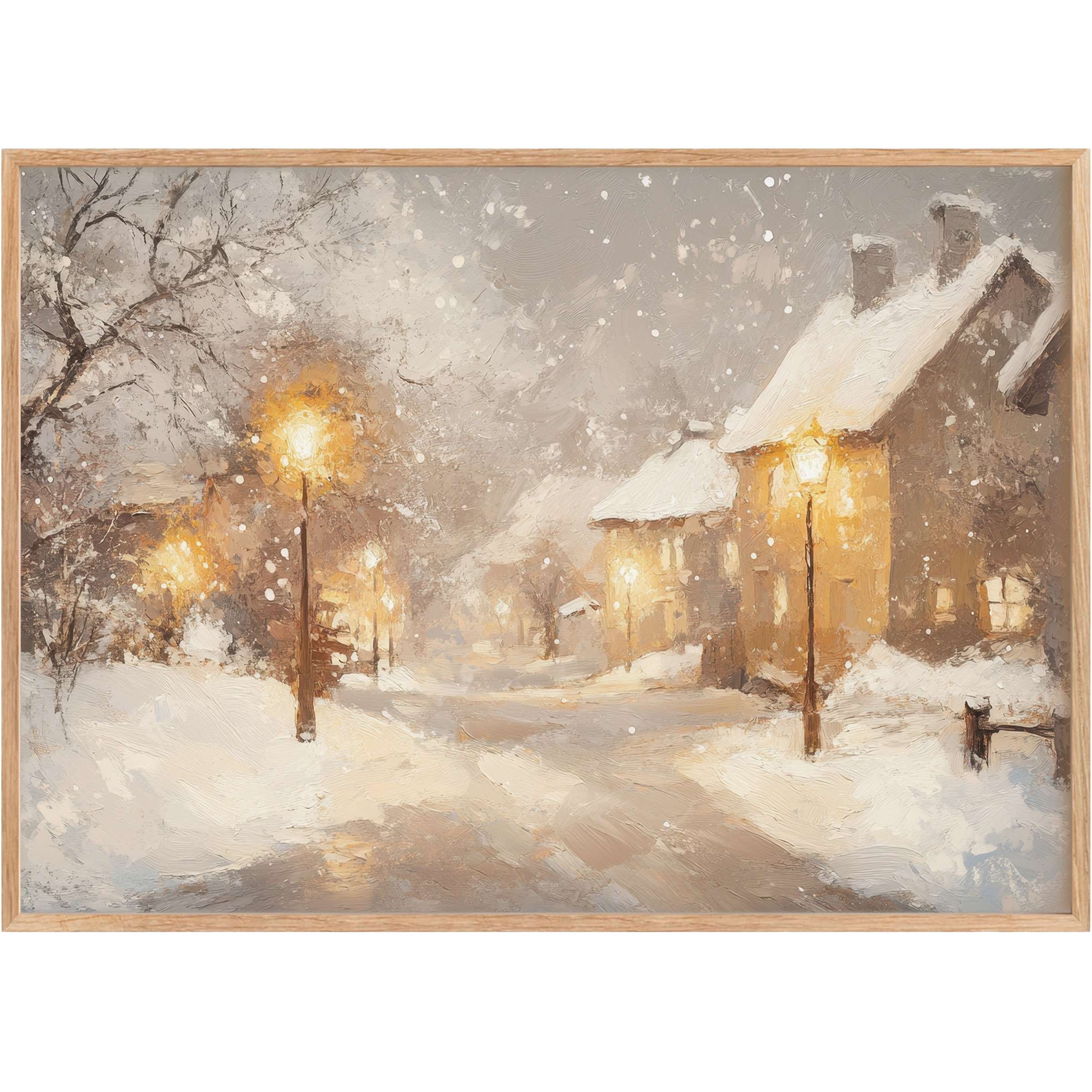 Winter printable wall art capturing a serene snow-covered village street aglow with warm golden lamplight, evoking cozy tranquility