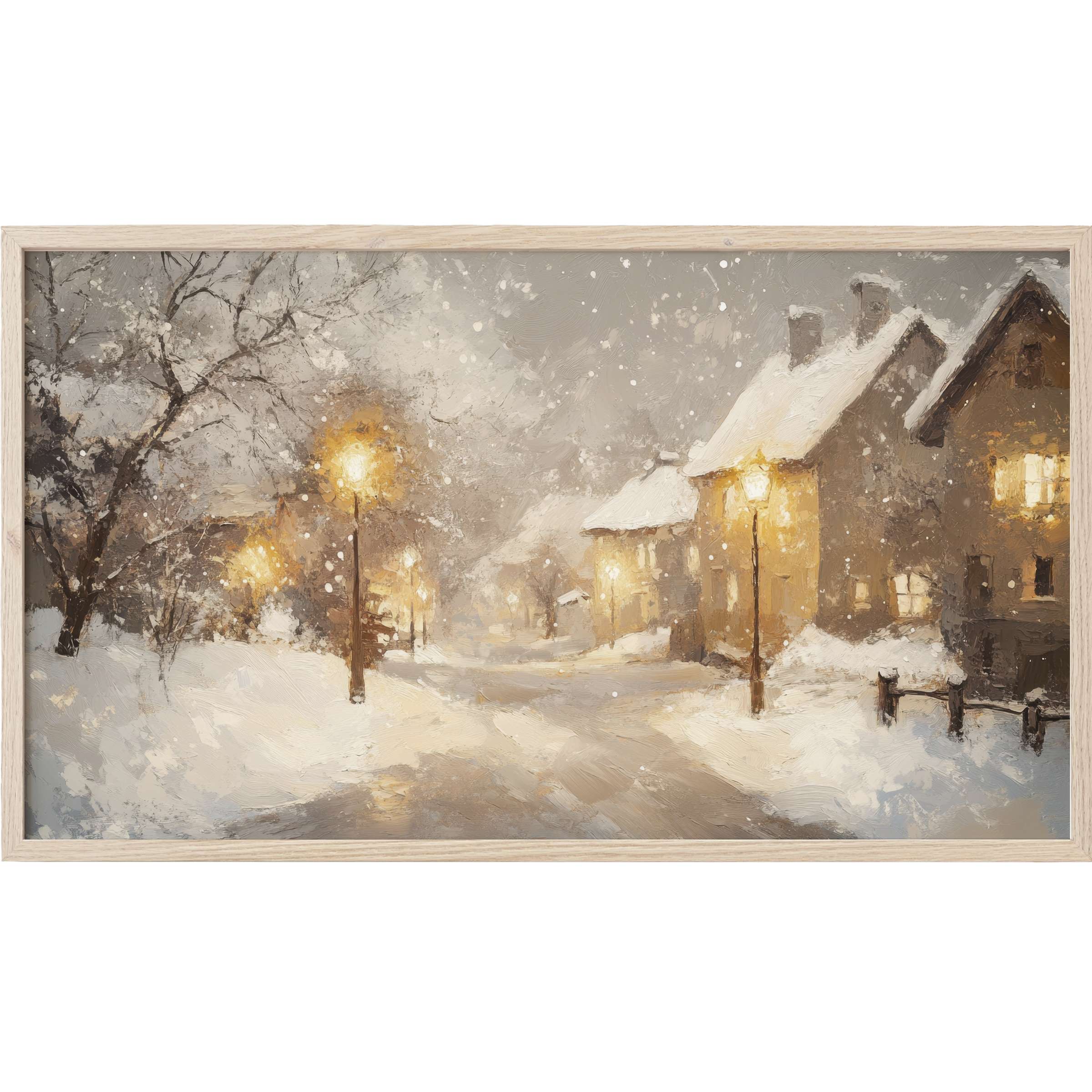 Winter Frame TV Art: serene, impressionistic snowy village scene in muted grays and warm amber streetlights