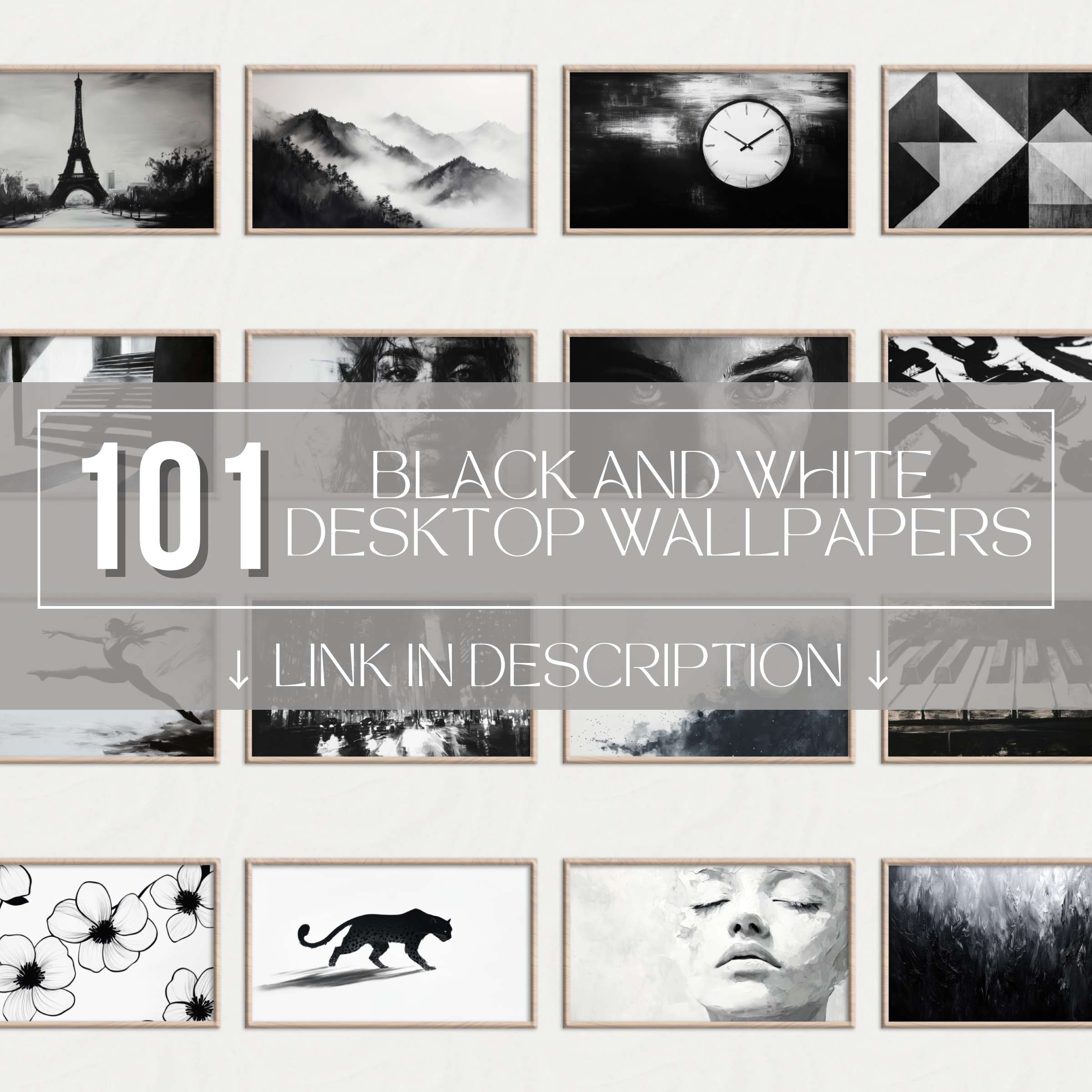 Collage preview of 101 Black and White Desktop Wallpapers with minimalist monochrome art, abstract patterns, nature and portrait designs - high resolution digital backgrounds for modern 4K screens