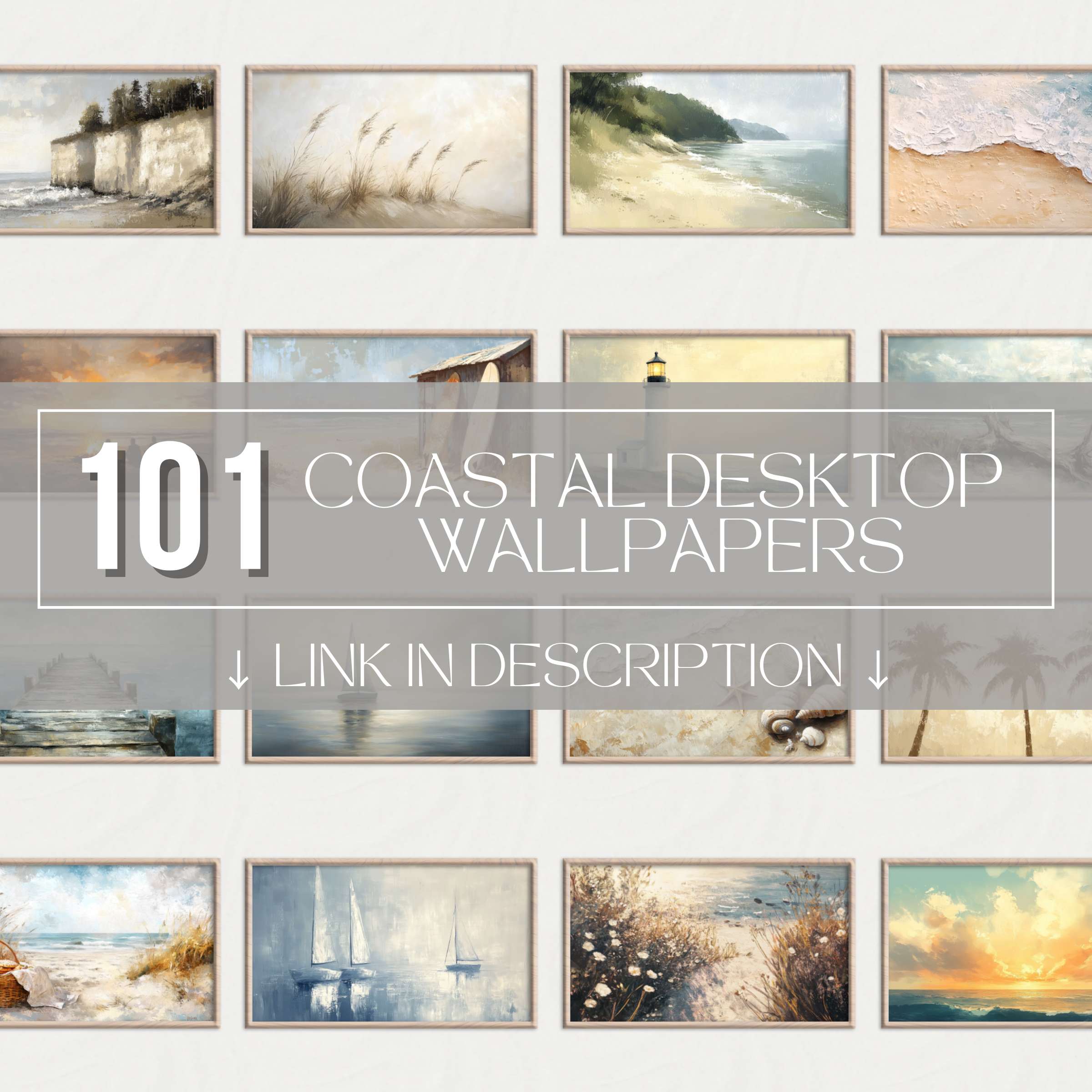 Collage preview of 101 Coastal Desktop Wallpapers with beaches, lighthouses, sailboats and ocean-inspired art - high resolution digital backgrounds for relaxing 4K screen setups