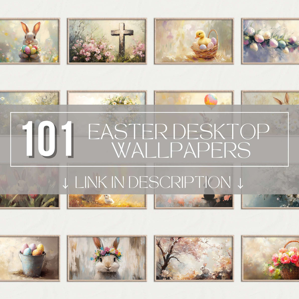 Collage preview of 101 Easter Desktop Wallpapers with bunnies, colorful eggs, spring flowers and festive holiday art - high resolution digital backgrounds for cheerful 4K screen setups