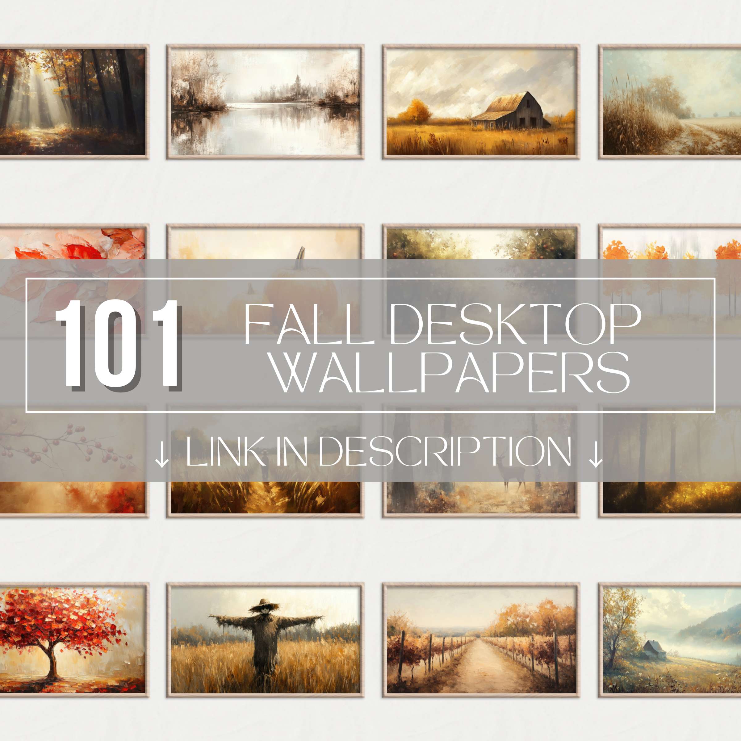Collage preview of 101 Fall Desktop Wallpapers with autumn forests, pumpkins, golden leaves and cozy countryside art - high resolution digital backgrounds for warm 4K screen setups