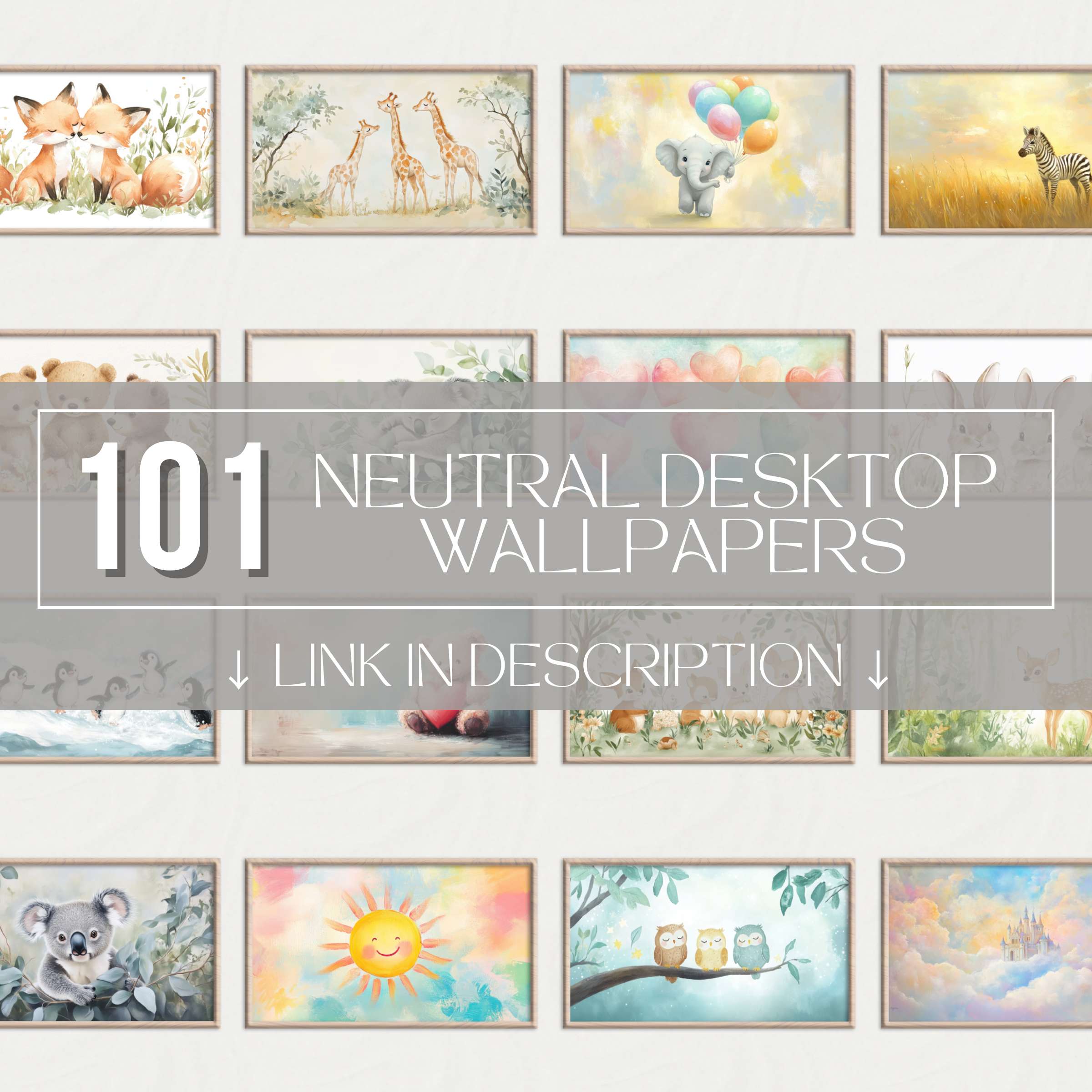 Collage preview of 101 Nursery Desktop Wallpapers with cute animals, pastel colors, soft illustrations and playful designs - high resolution digital backgrounds for cozy 4K screens in kids’ rooms