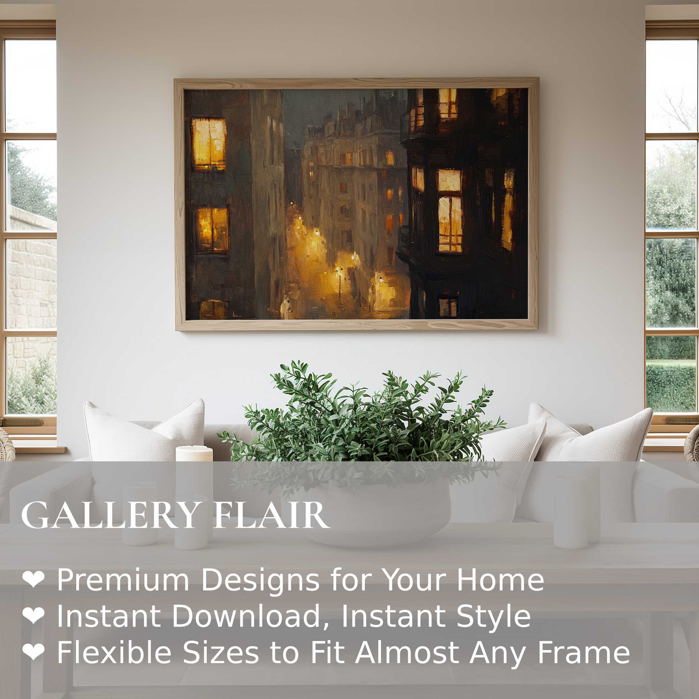 Urban art wall art print capturing a glowing cityscape at dusk, radiantly enhancing modern minimalist interiors with warm ambiance and cultured charm