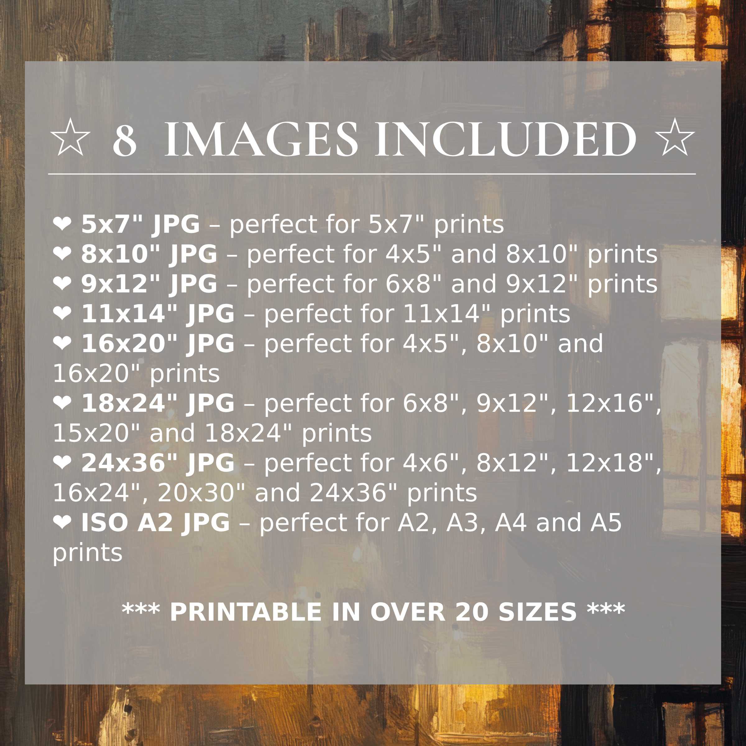 Urban digital print radiates warmth with rich amber and deep charcoal hues, offered in 8 high-quality sizes included, elevating modern interiors with versatile elegance