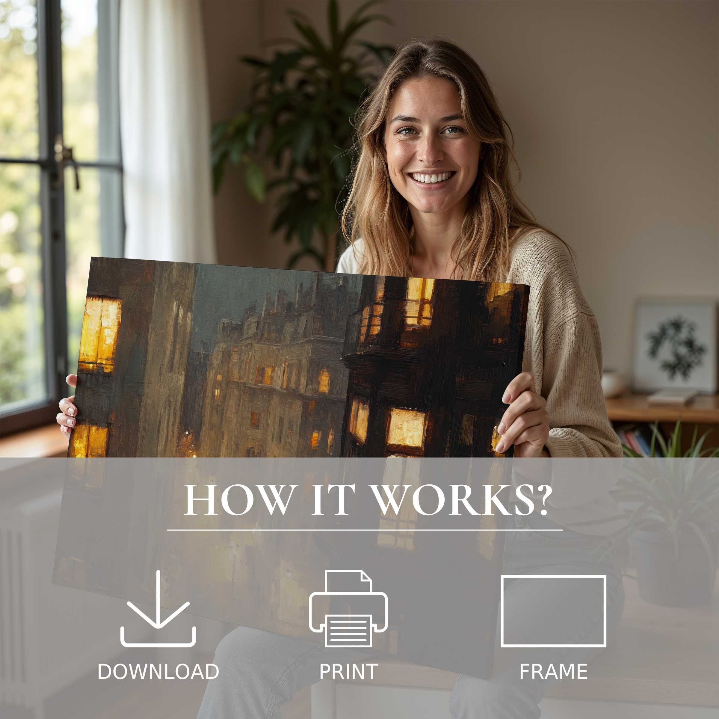 A serene moment of joy as a modern woman embraces an urban digital art print, illuminating her stylish home with warmth and effortless elegance