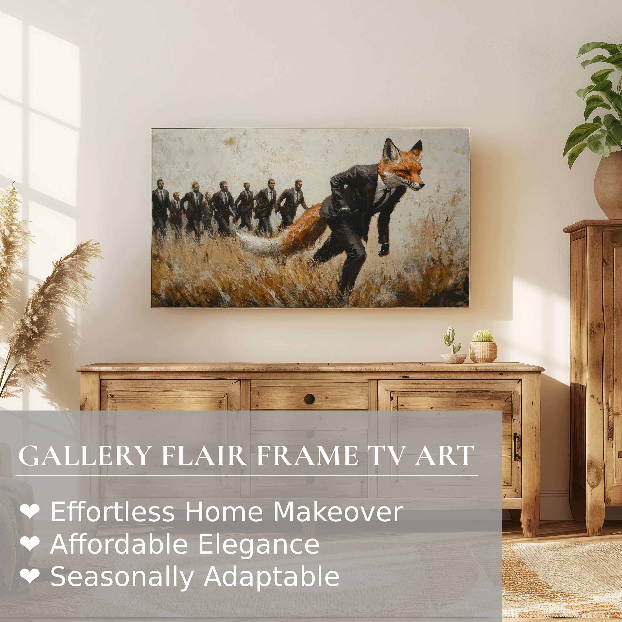 Samsung Frame TV displaying sleek street art digital artwork of fox-headed figure in modern rustic room setting