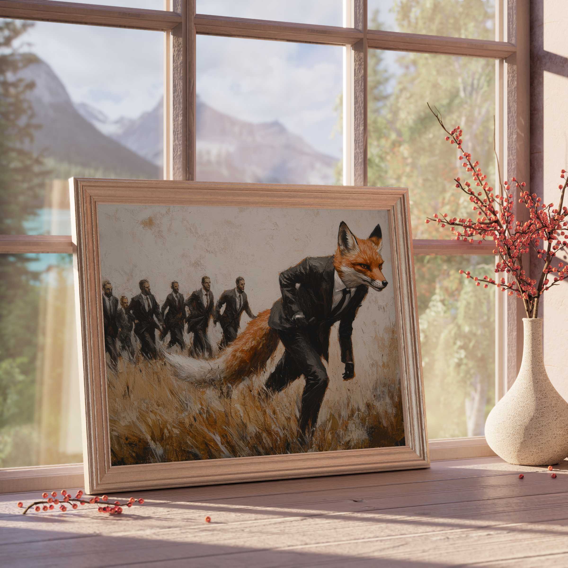 Street art downloadable art of a charismatic fox in a suit leading men, enriching curated interiors with bold, dynamic energy and luxe style