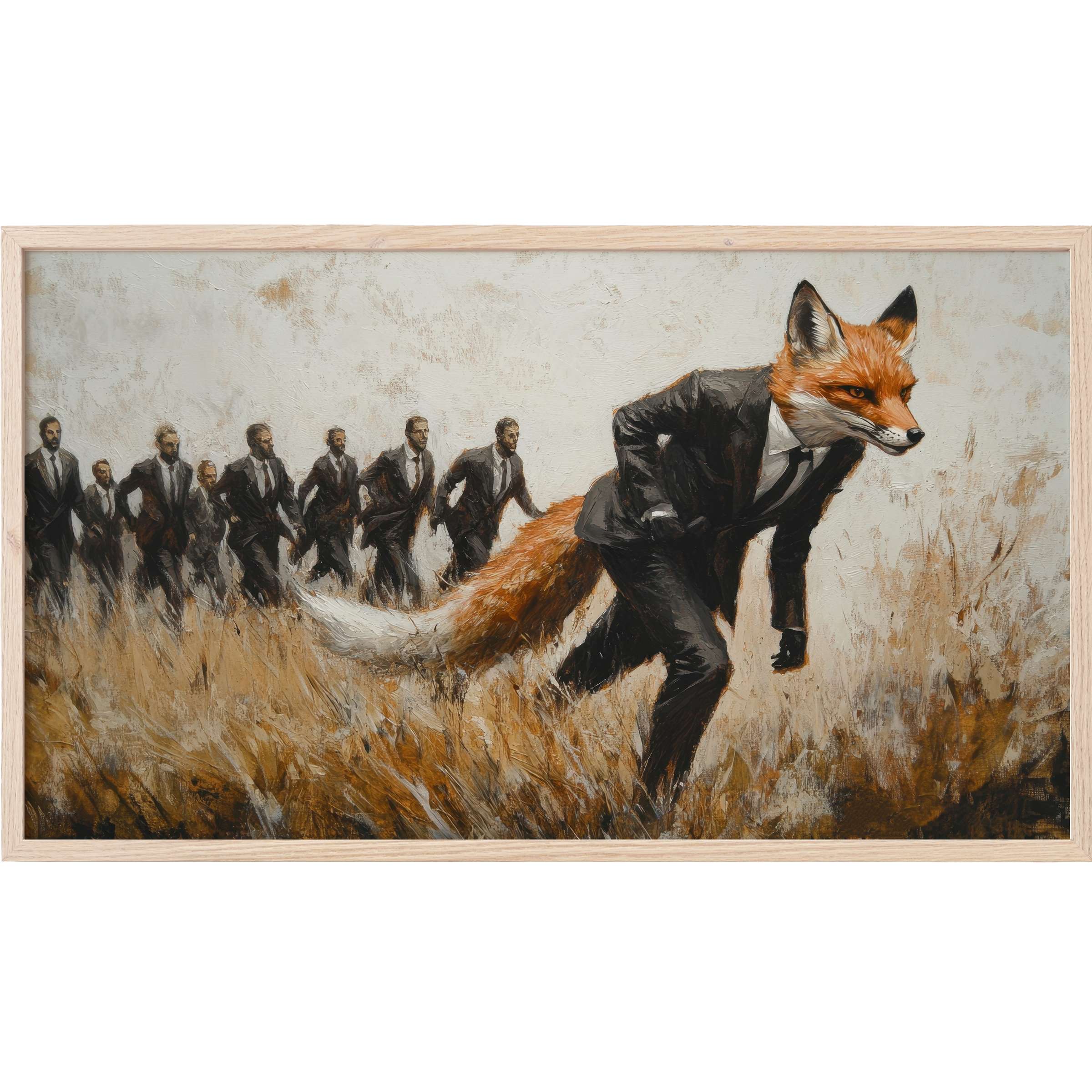 Surreal street art Frame TV Art depicting a fox-headed man leading suited figures in earthy tones and textured brushstrokes