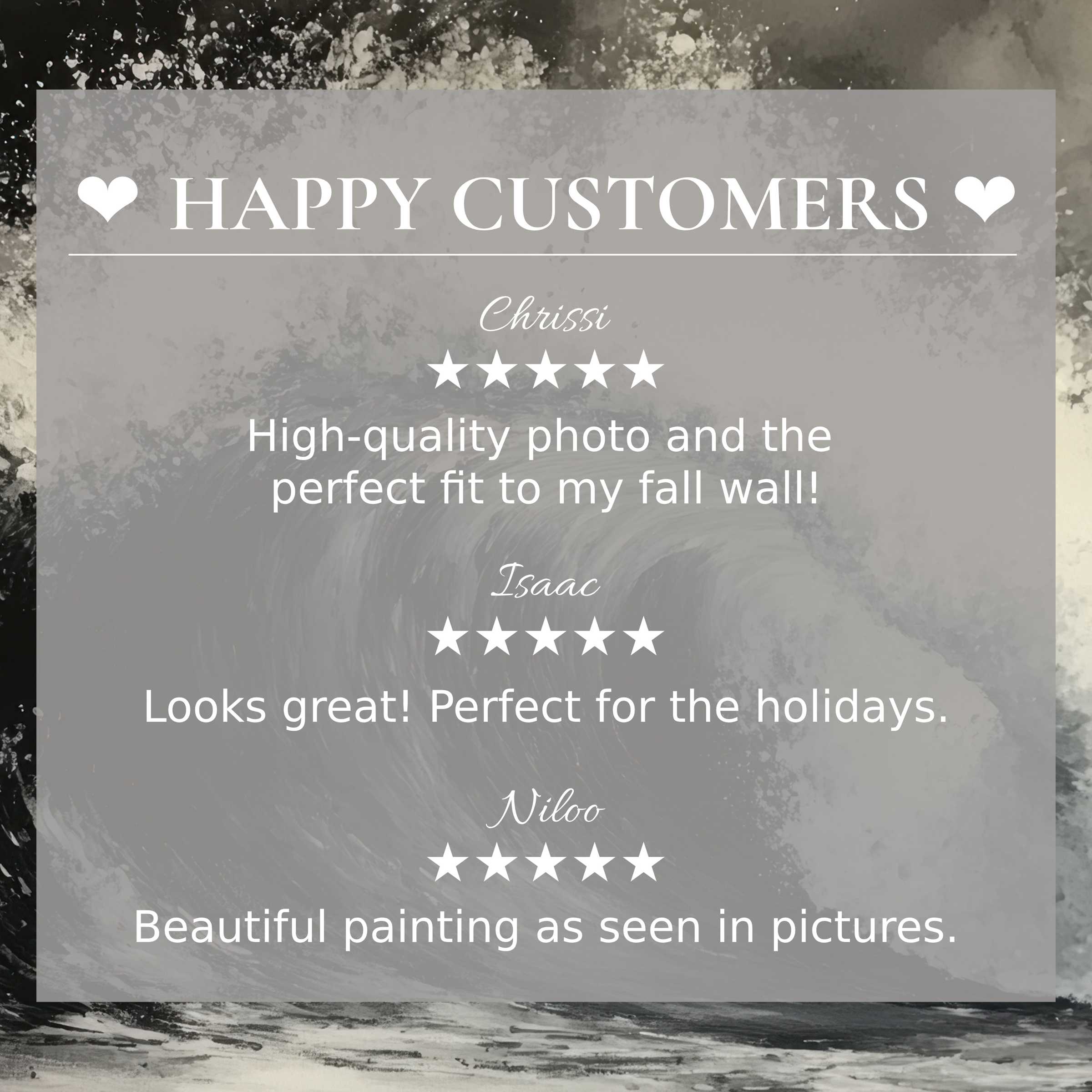 Trustworthy layout with happy customer reviews over black and white art for Frame TV featuring a dynamic wave backdrop