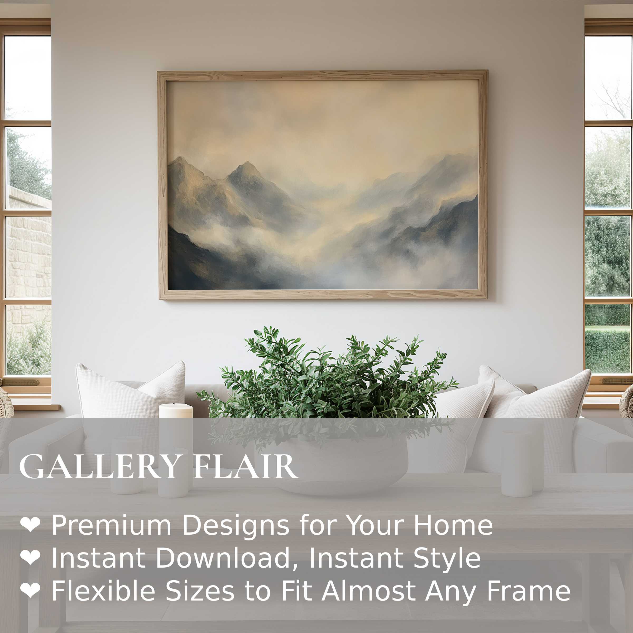 Serene landscape wall art print with soft misty mountains in muted tones, enhancing minimalist, modern living spaces with calming elegance