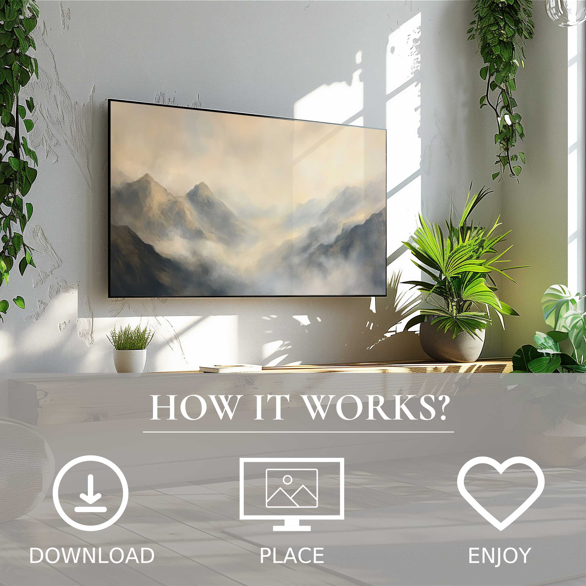 Modern living room with landscape art for Samsung TV, soft misty mountain tones, easy digital download