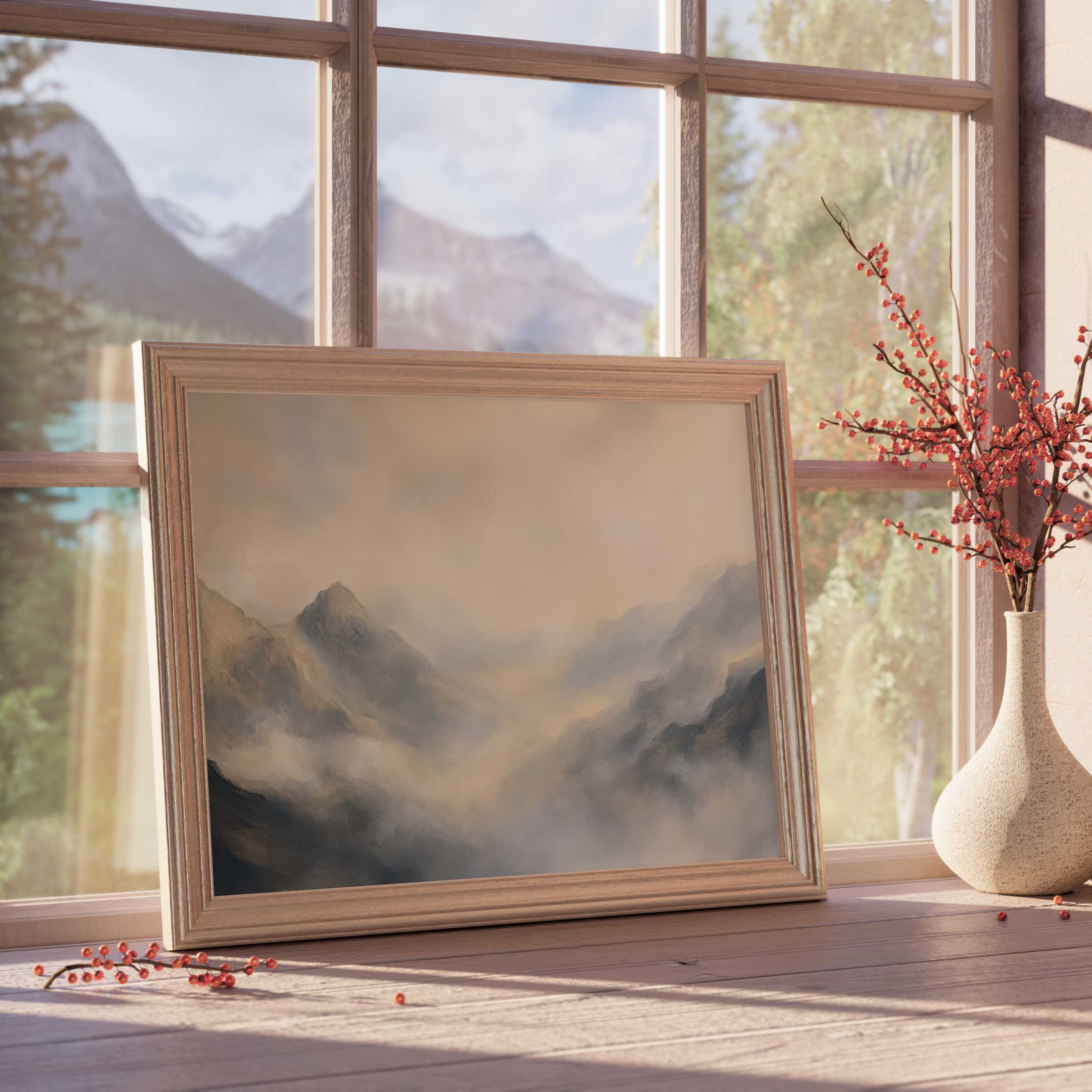 Landscape downloadable art capturing serene mountain mist in soft, muted tones, elevating tranquil, curated interiors with timeless elegance