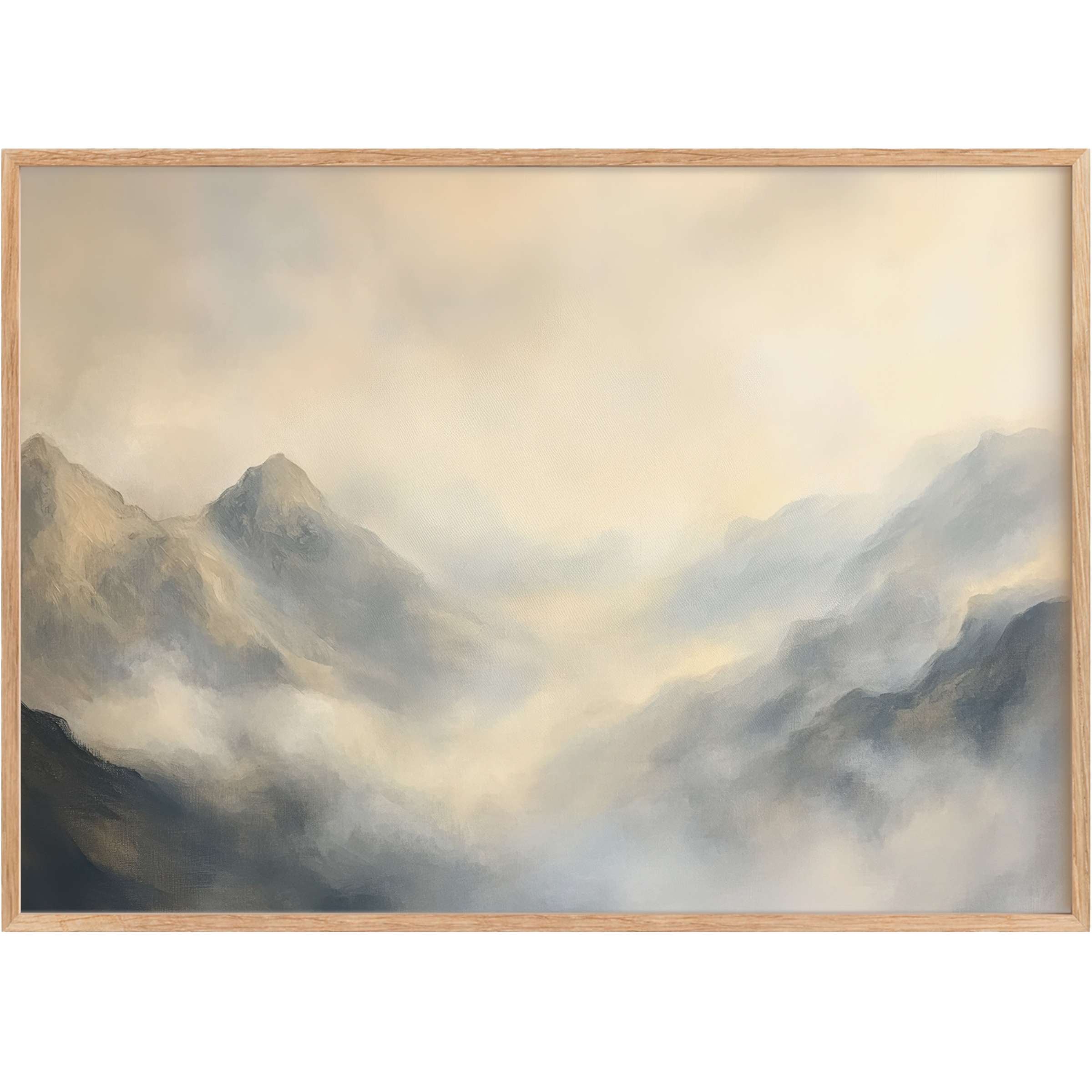 Serene landscape printable wall art featuring misty mountains in soft grays and warm beige, evoking calm elegance and tranquil sophistication